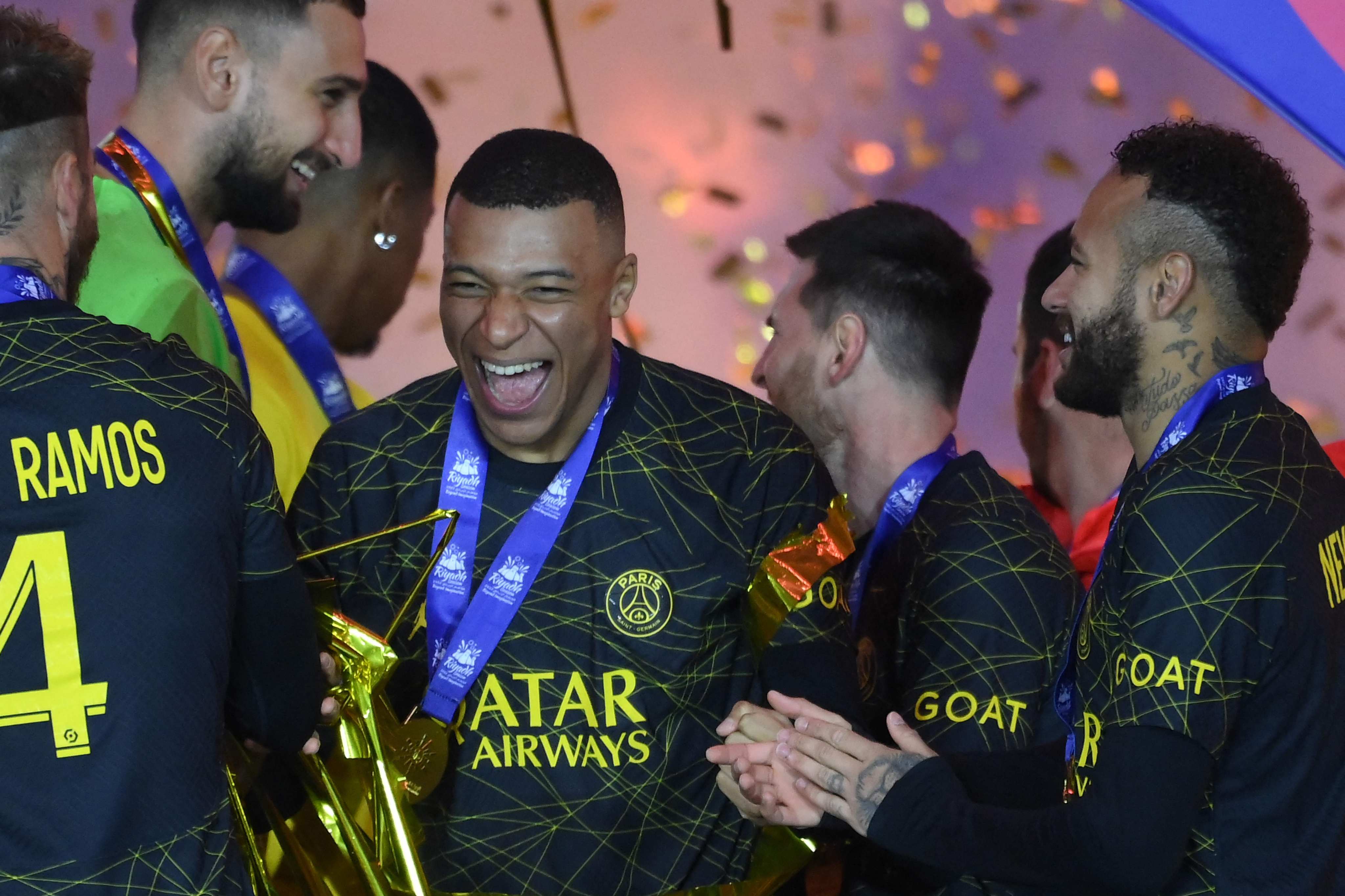 From left, Paris Saint-Germain superstars Kylian Mbappe, Lionel Messi and Neymar winning the Riyadh Season Cup in Saudi Arabia in January 2023. Photo: AFP