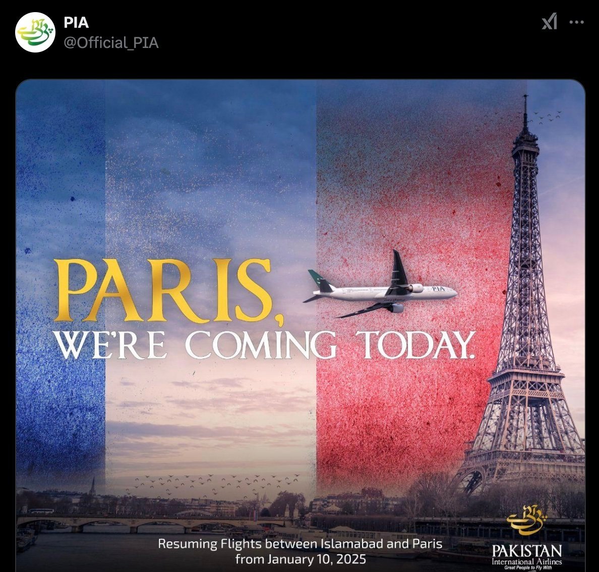 A post by Pakistan International Airlines on X marking the resumption of flights to European Union destinations, including Paris. Photo: Pakistan International Airlines/X