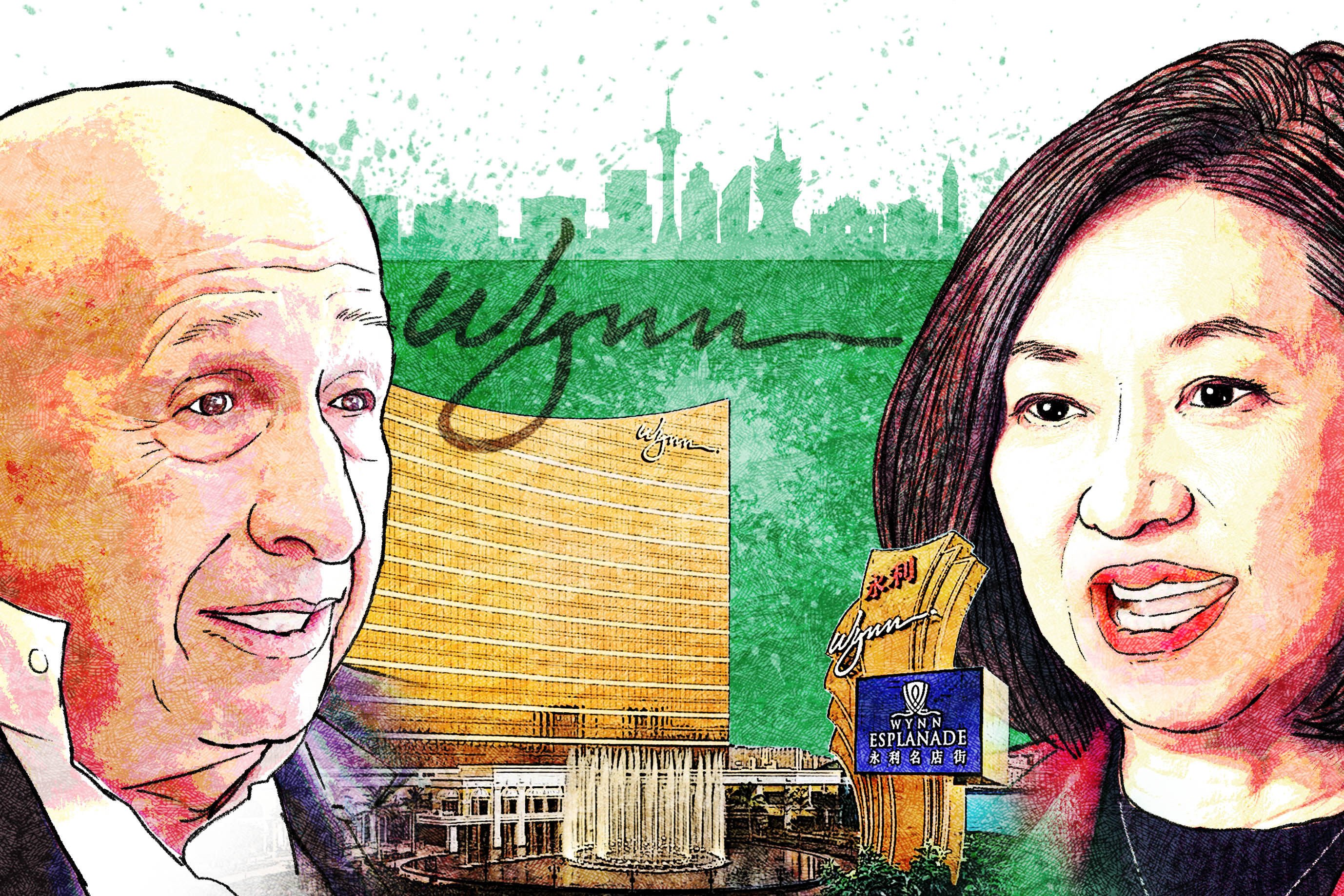 Wynn Macau president and vice chairwoman Linda Chen and non executive chairman Allan Zeman. Illustration by Henry Wong