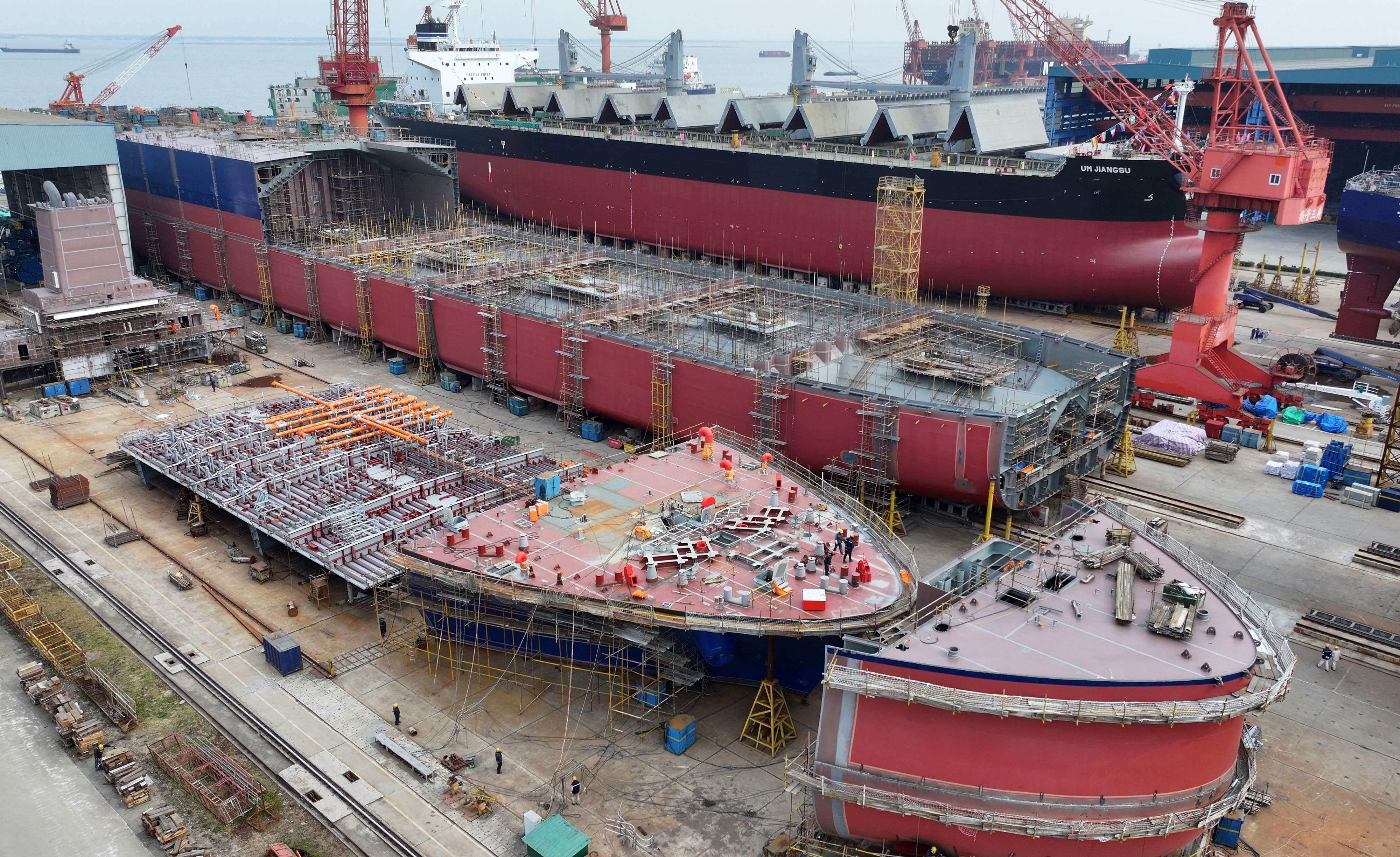 Ships are under construction in Taicang, Jiangsu province, on Thursday. Photo: AFP