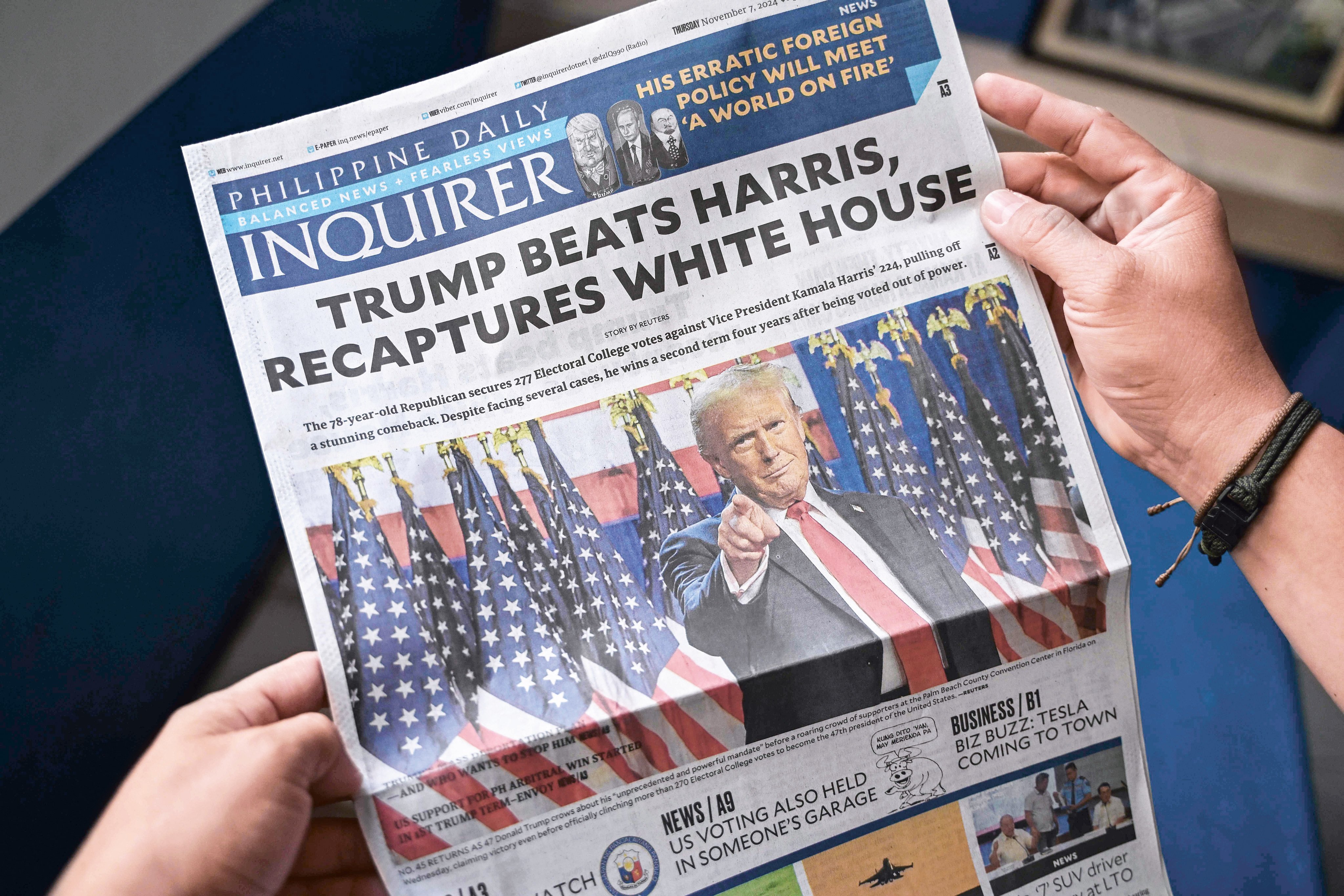 A November 7 newspaper in Manila shows Trump’s win. The Philippine capital was abuzz earlier this month with talk about President Marcos Jnr’s exclusion from Trump’s swearing-in. Photo: AFP