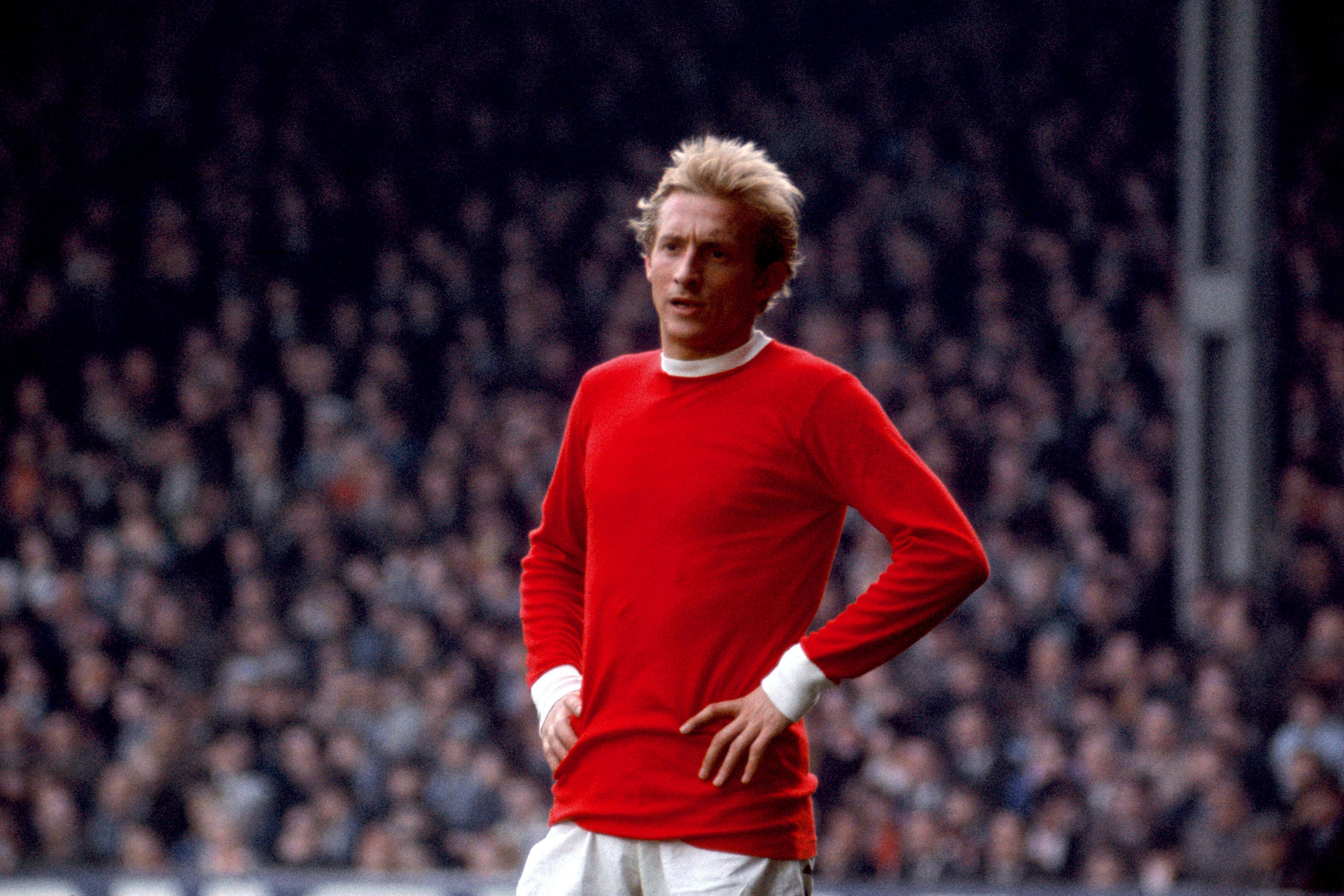 Manchester United’s Denis Law during a game at Old Trafford on September 30, 1967. Law has died at the age of 84. Photo: AP