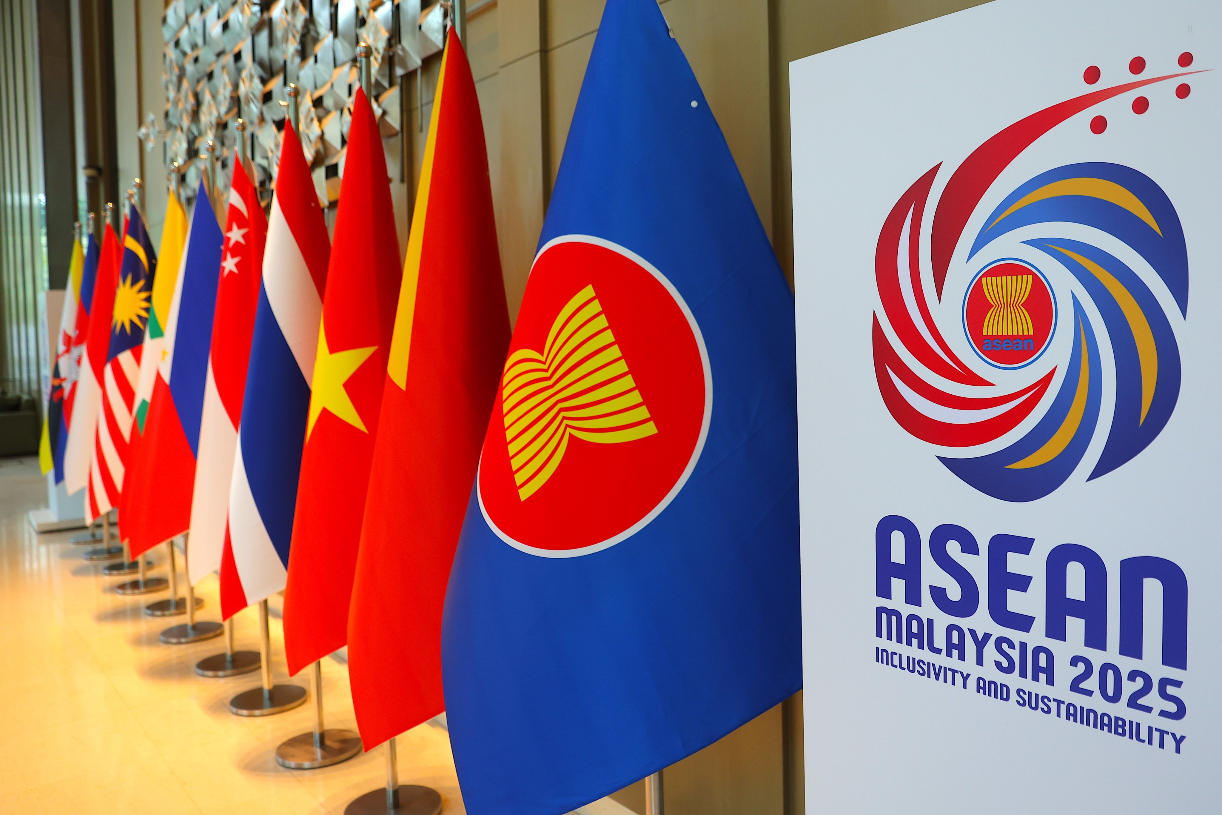 An Asean logo is displayed at the venue, ahead of the Foreign Ministers Meeting on Langkawi Island, state of Kedah, Malaysia. Photo: EPA-EFE