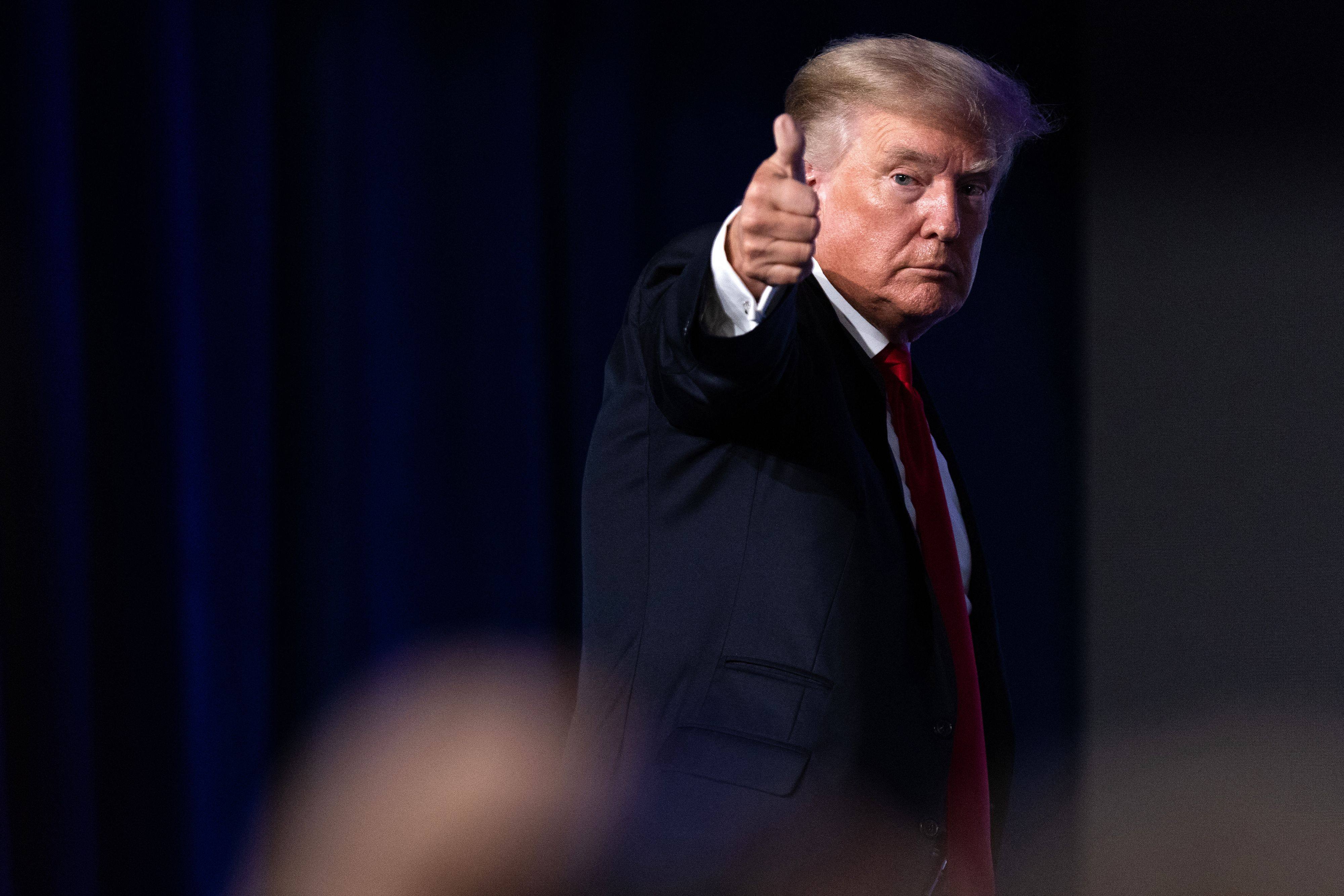 Donald Trump give a thumbs up as he walks off after speaking at the Conservative Political Action Conference in Dallas, Texas, in July 2021. Photo: AFP