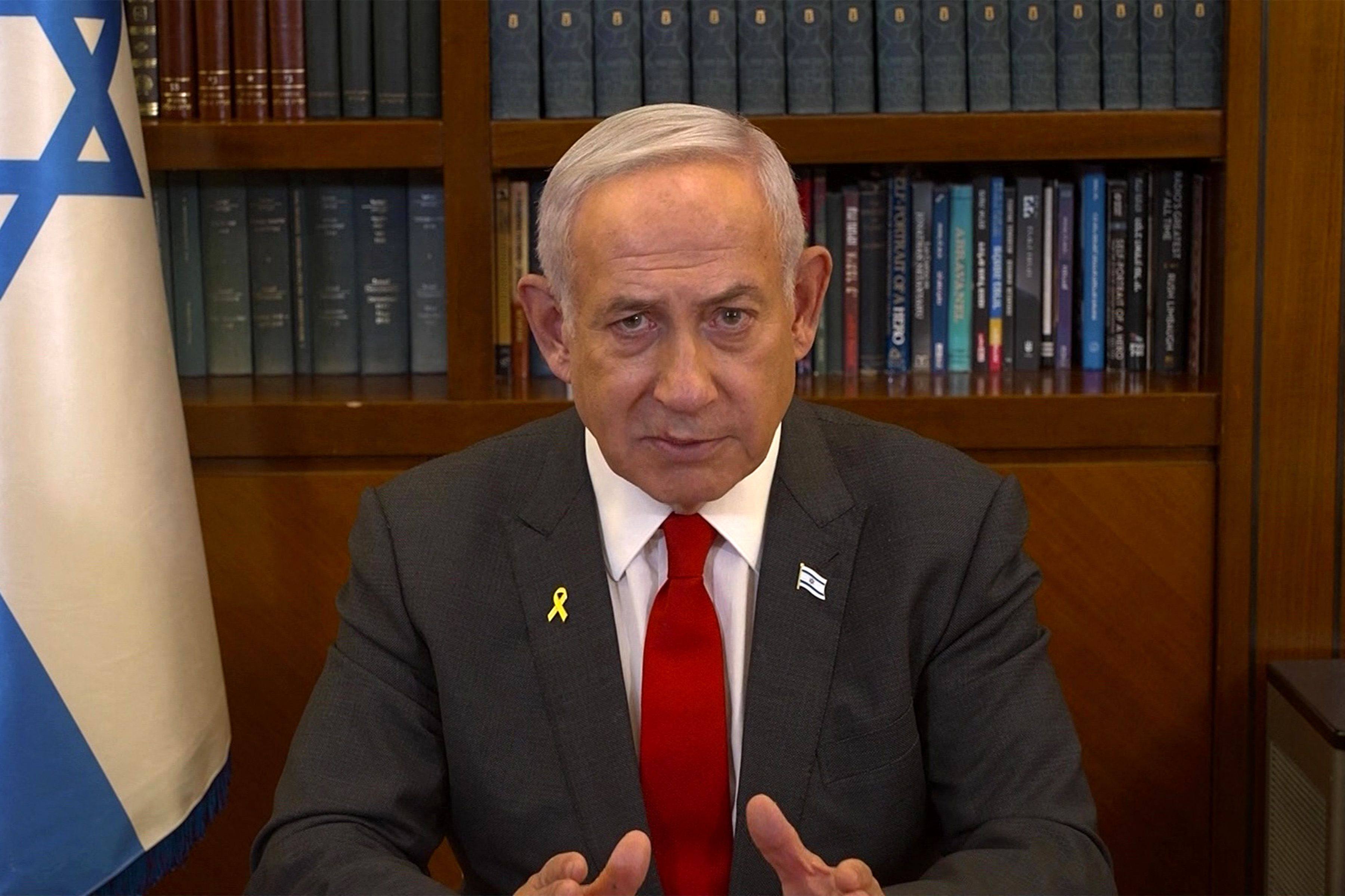 Israeli Prime Minister Benjamin Netanyahu gives a televised address in Jerusalem on Saturday. Photo: Israeli Government Press Office via AFP