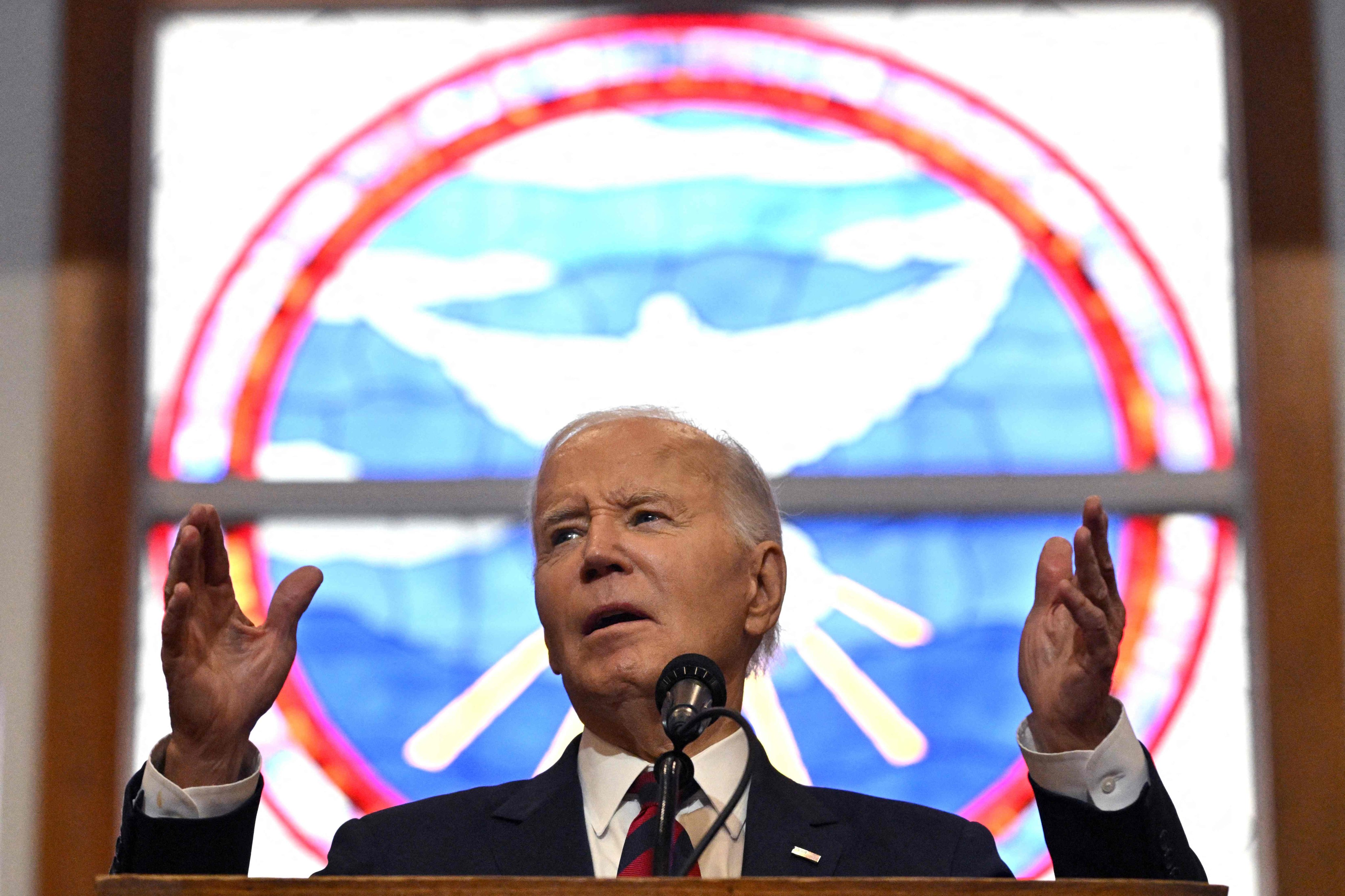 Outgoing US President Joe Biden speaks during a Sunday service at the Royal Missionary Baptist Church in North Charleston, South Carolina on Sunday. Photo: AFP