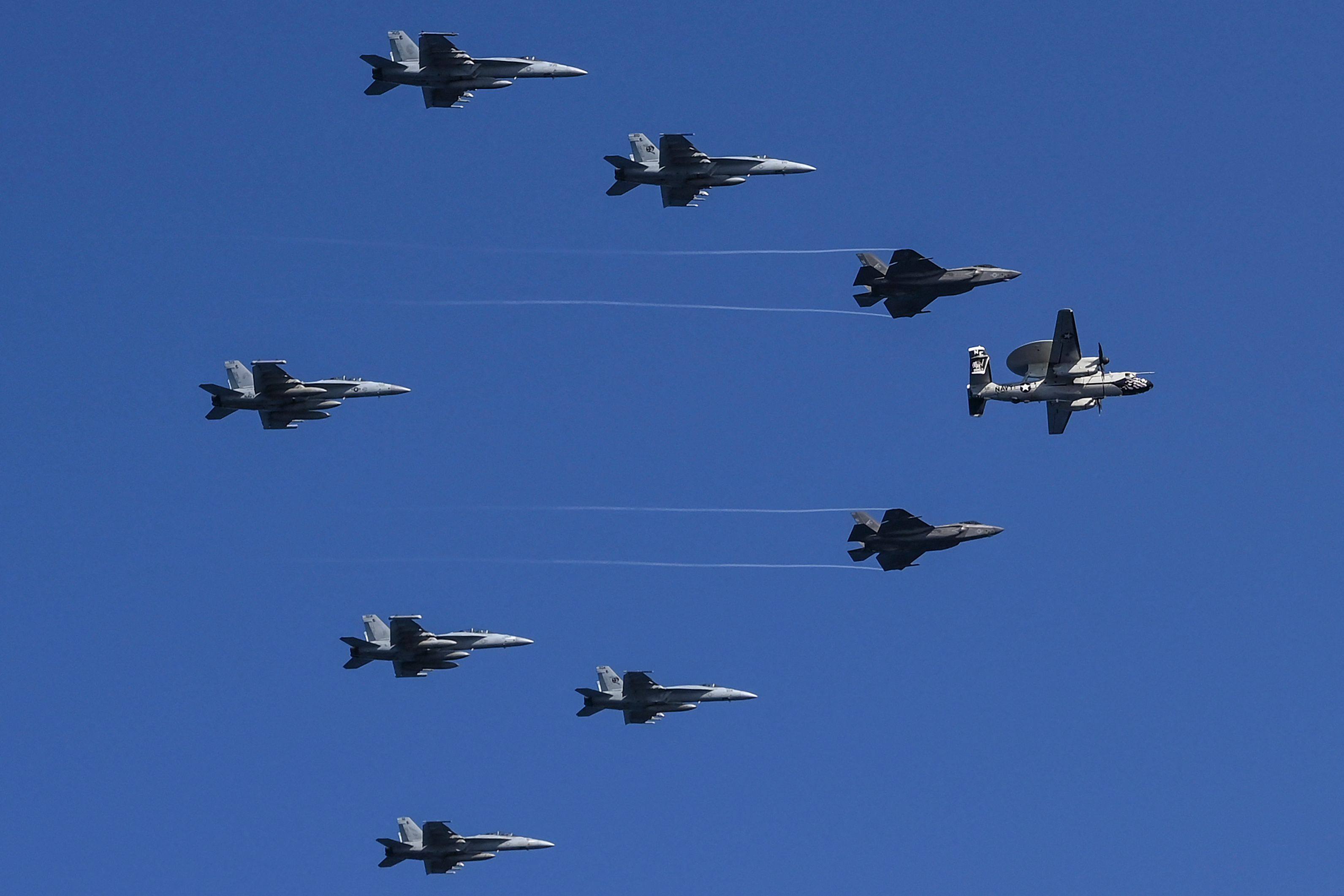 Aircraft from the USS Carl Vinson Carrier Strike Group take part in a maritime exercise in the Philippine Sea in January 2024. Photo: AFP