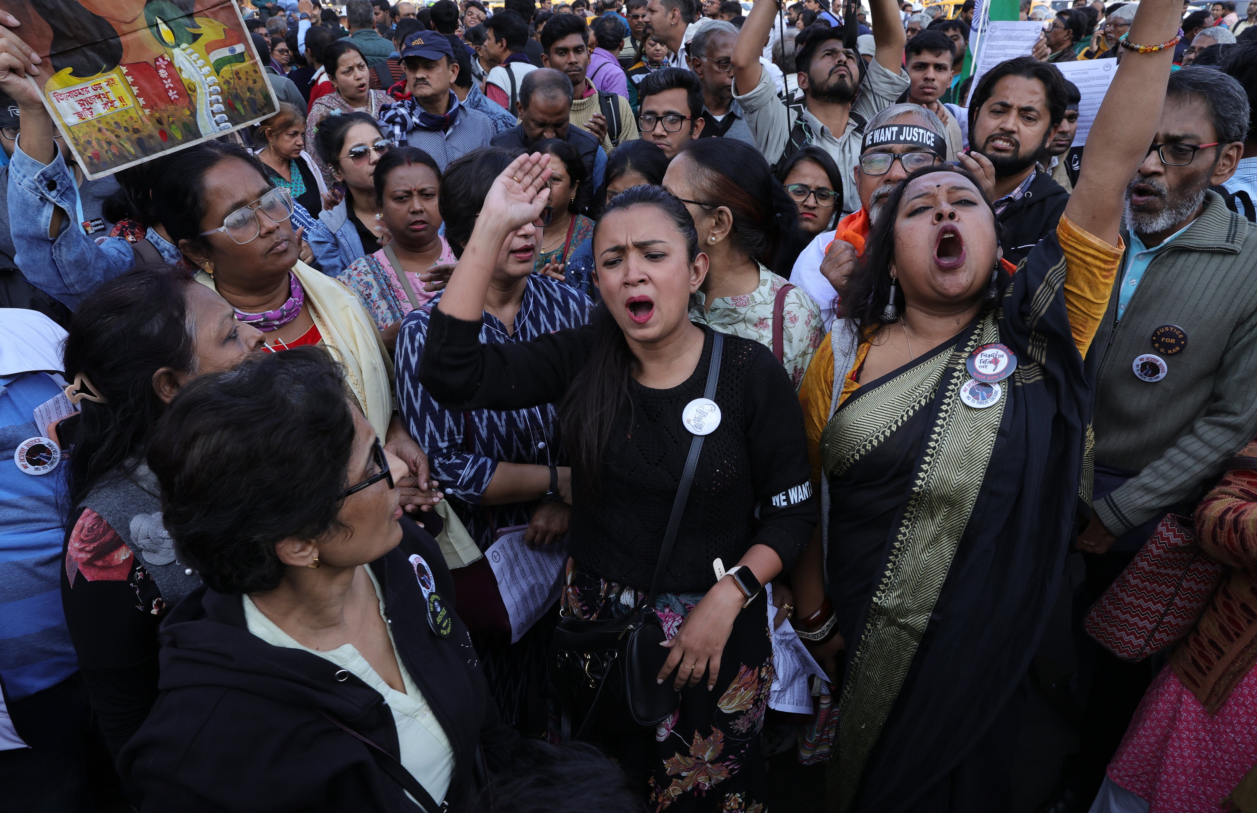 Indian activists shout outside the Sessions court in Sealdah, Kolkata. The court on Monday sentenced police volunteer Sanjay Roy to life in prison after finding him guilty in the rape and killing of a trainee doctor last year. Photo: EPA-EFE