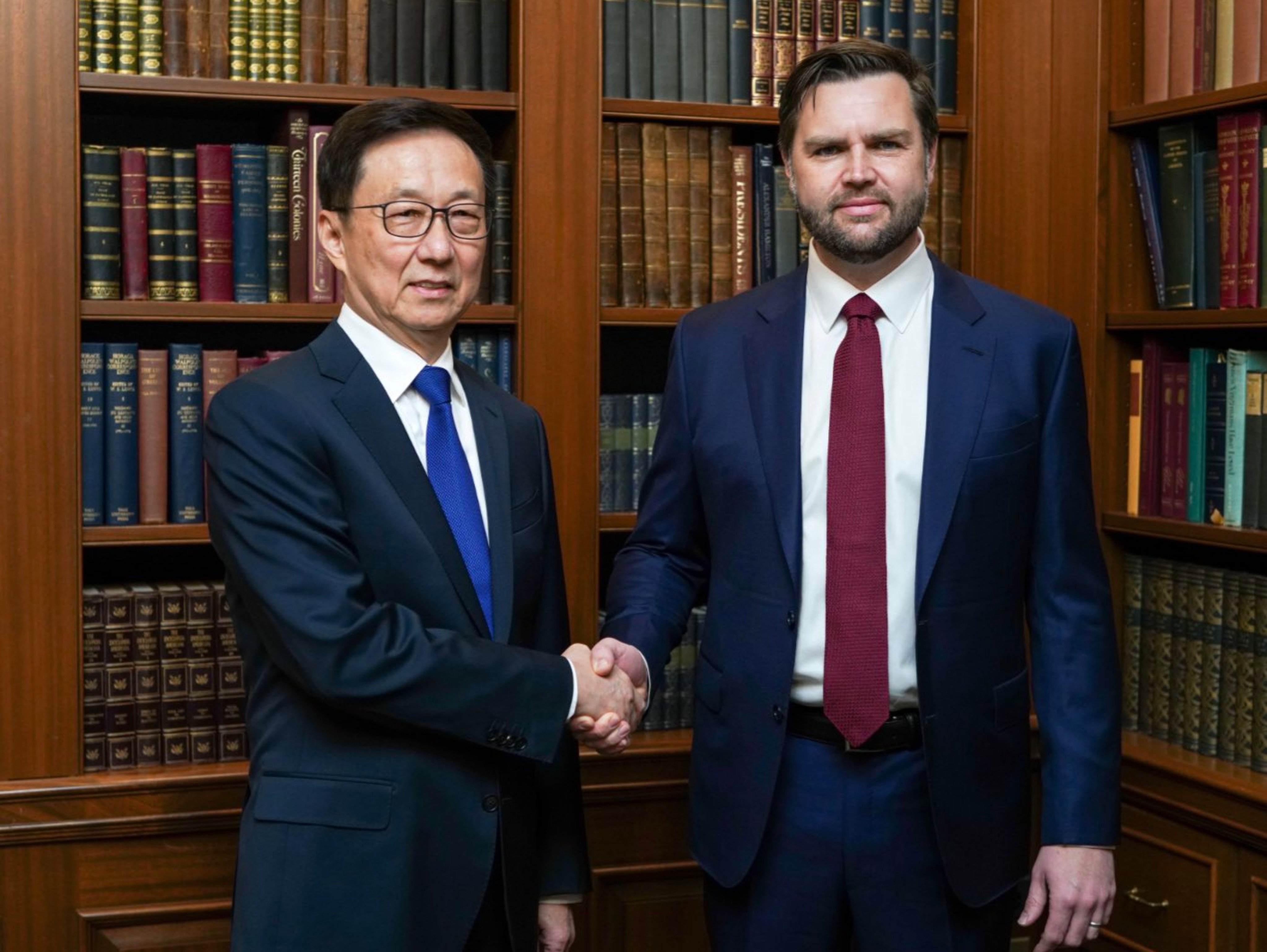 Chinese Vice-President Han Zheng and the US vice-president-elect J.D. Vance at their meeting in Washington on Sunday. Photo: Trump-Vance transition team