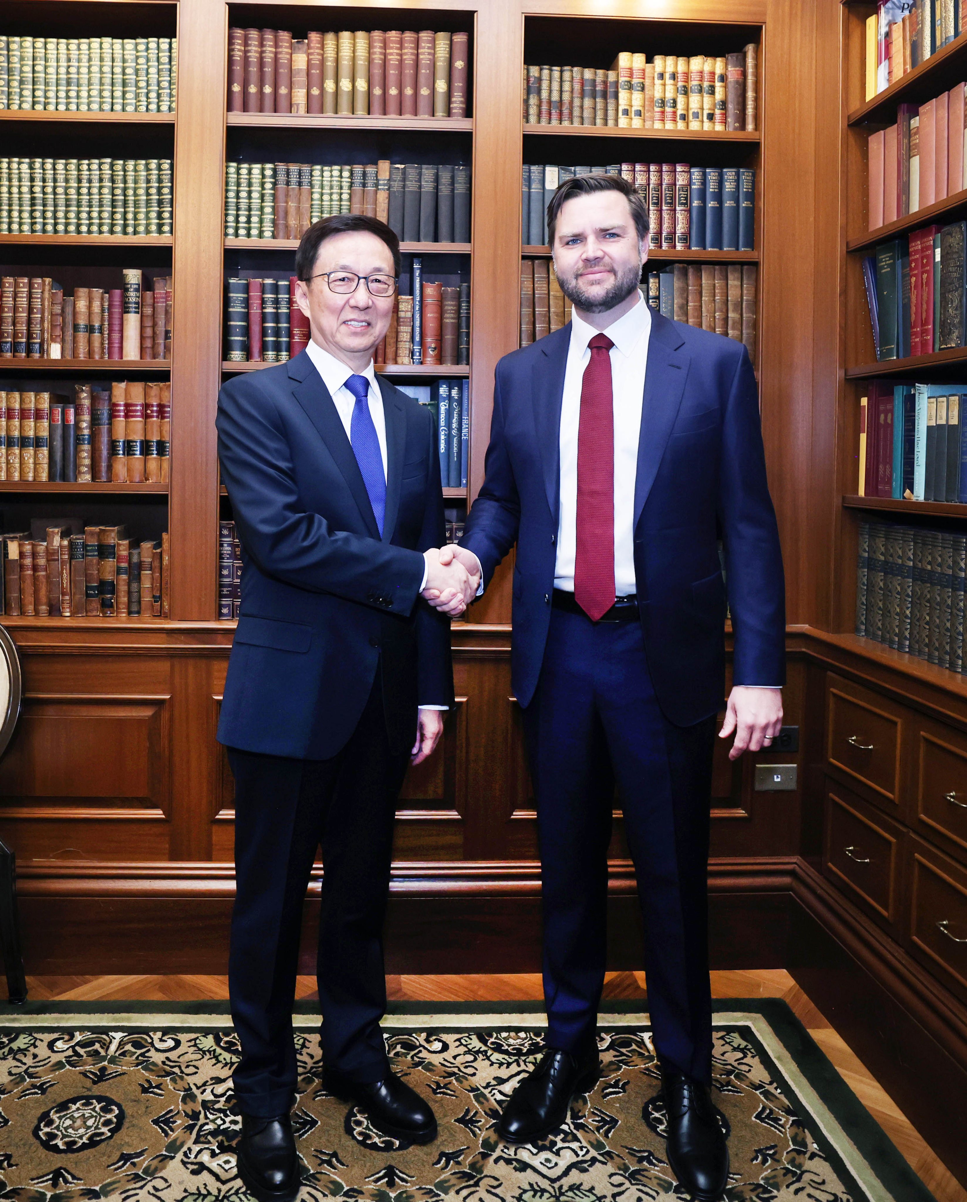 Chinese Vice-President Han Zheng meets with US Vice-President-elect J.D. Vance prior to the inauguration of Donald Trump as the 47th US president. Photo: Xinhua