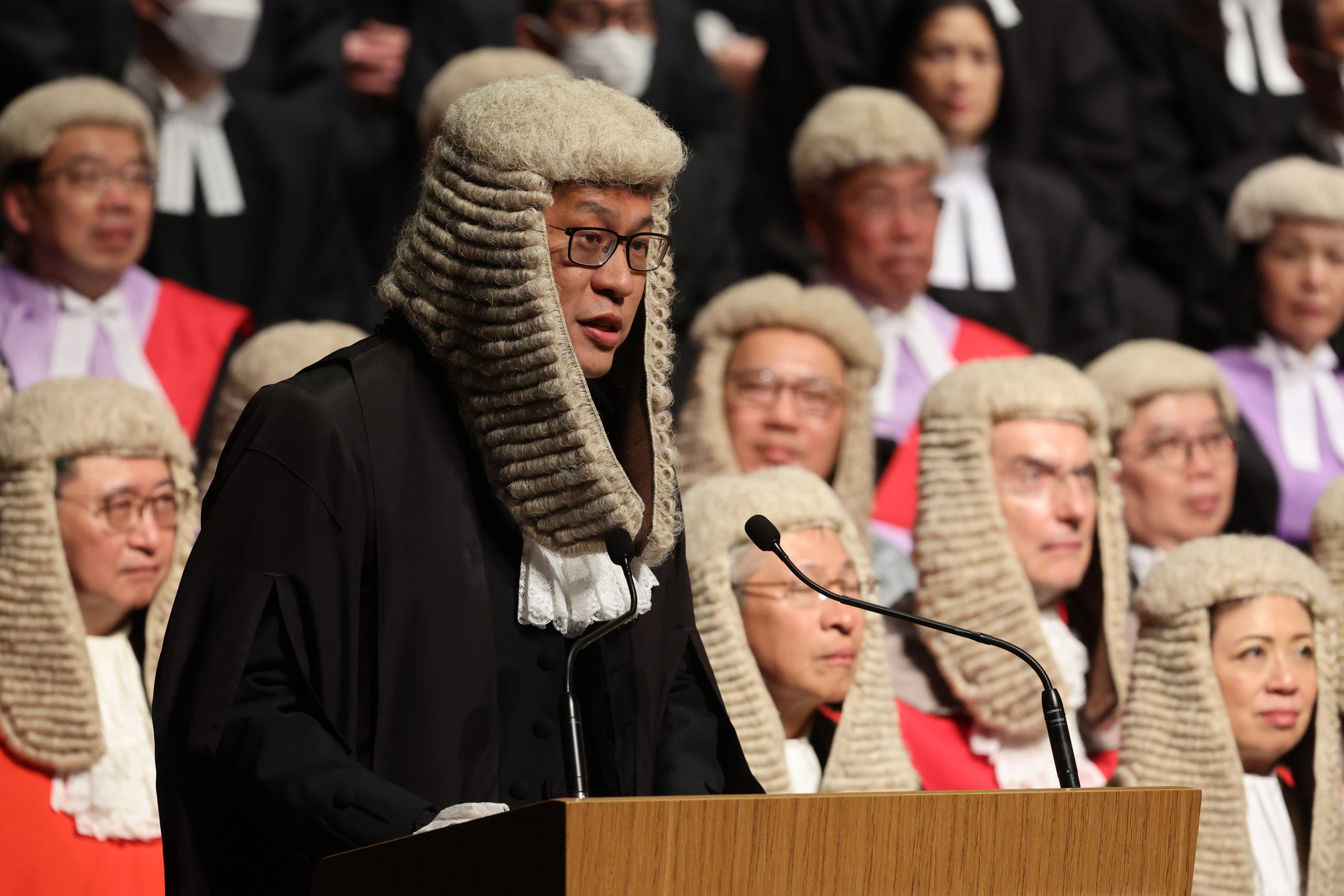 Victor Dawes, chairman of the Hong Kong Bar Association, delivers a speech at the ceremonial opening of the legal year in Hong Kong City Hall on Monday. Photo: Dickson Lee