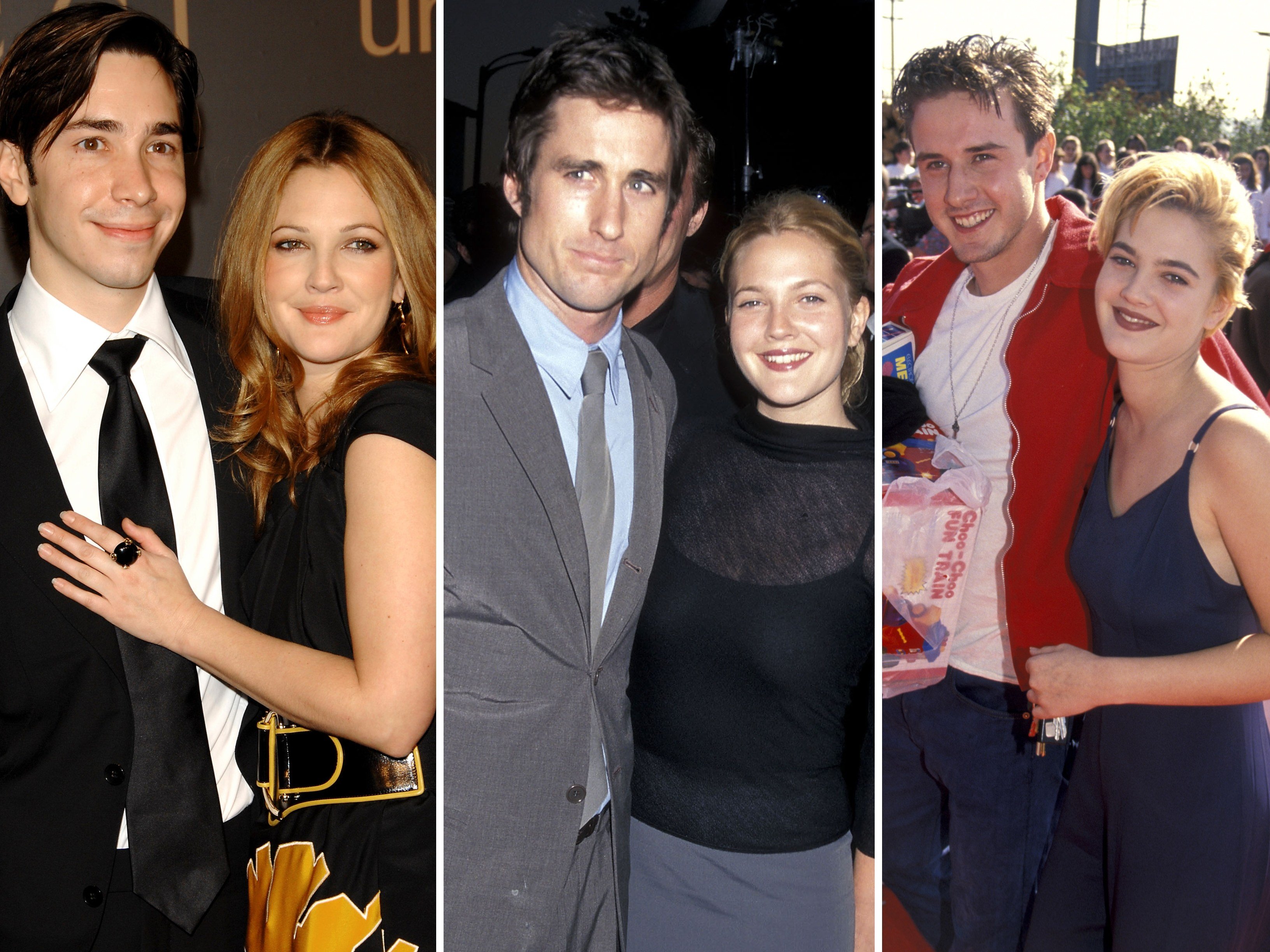 Drew Barrymore has been romantically connected to Justin Long, Luke Wilson and David Arquette over the years. Photos: Getty Images, AP