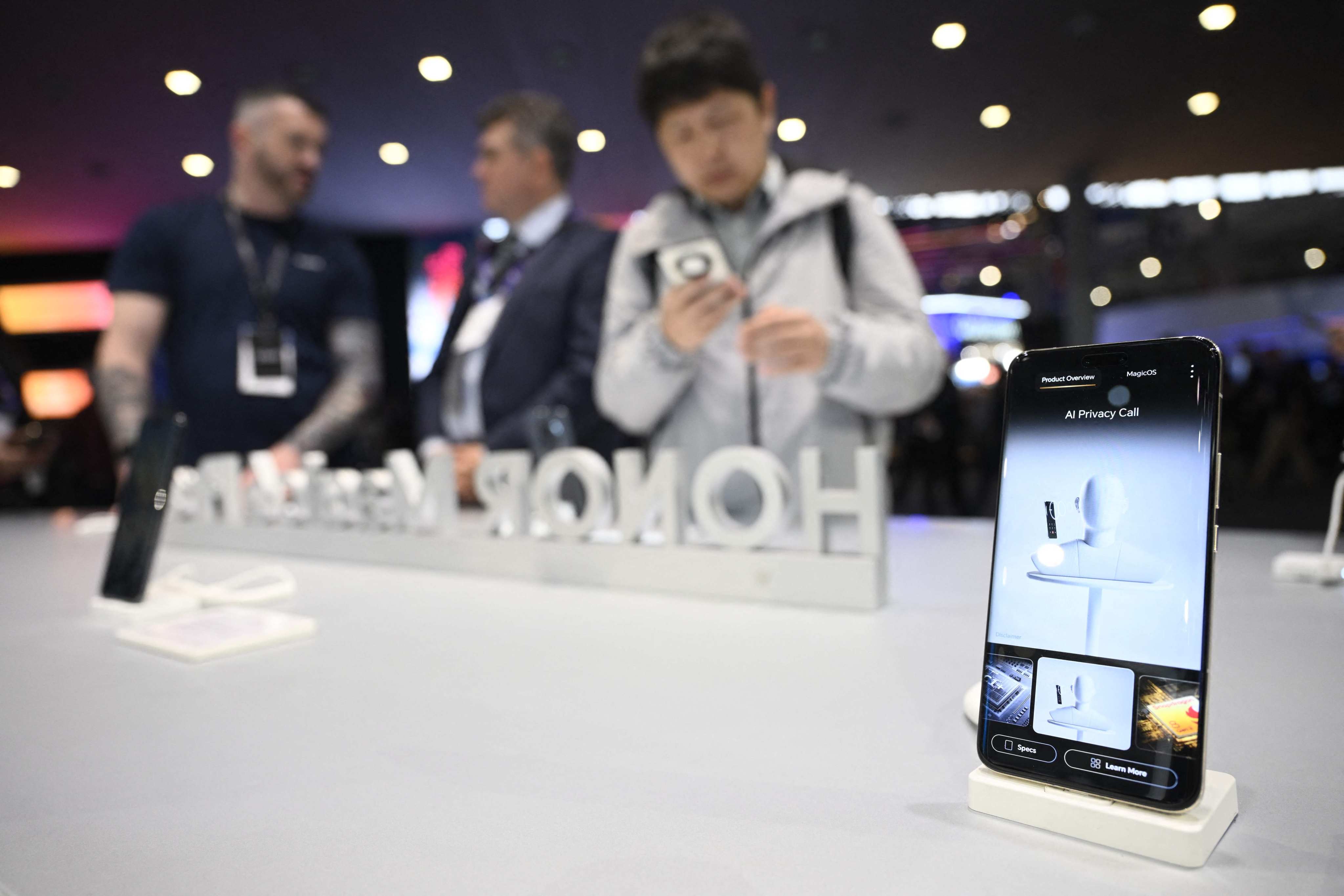 Smartphones on display at Honor’s booth at the Mobile World Congress in Barcelona, Spain, February 26, 2024. AFP