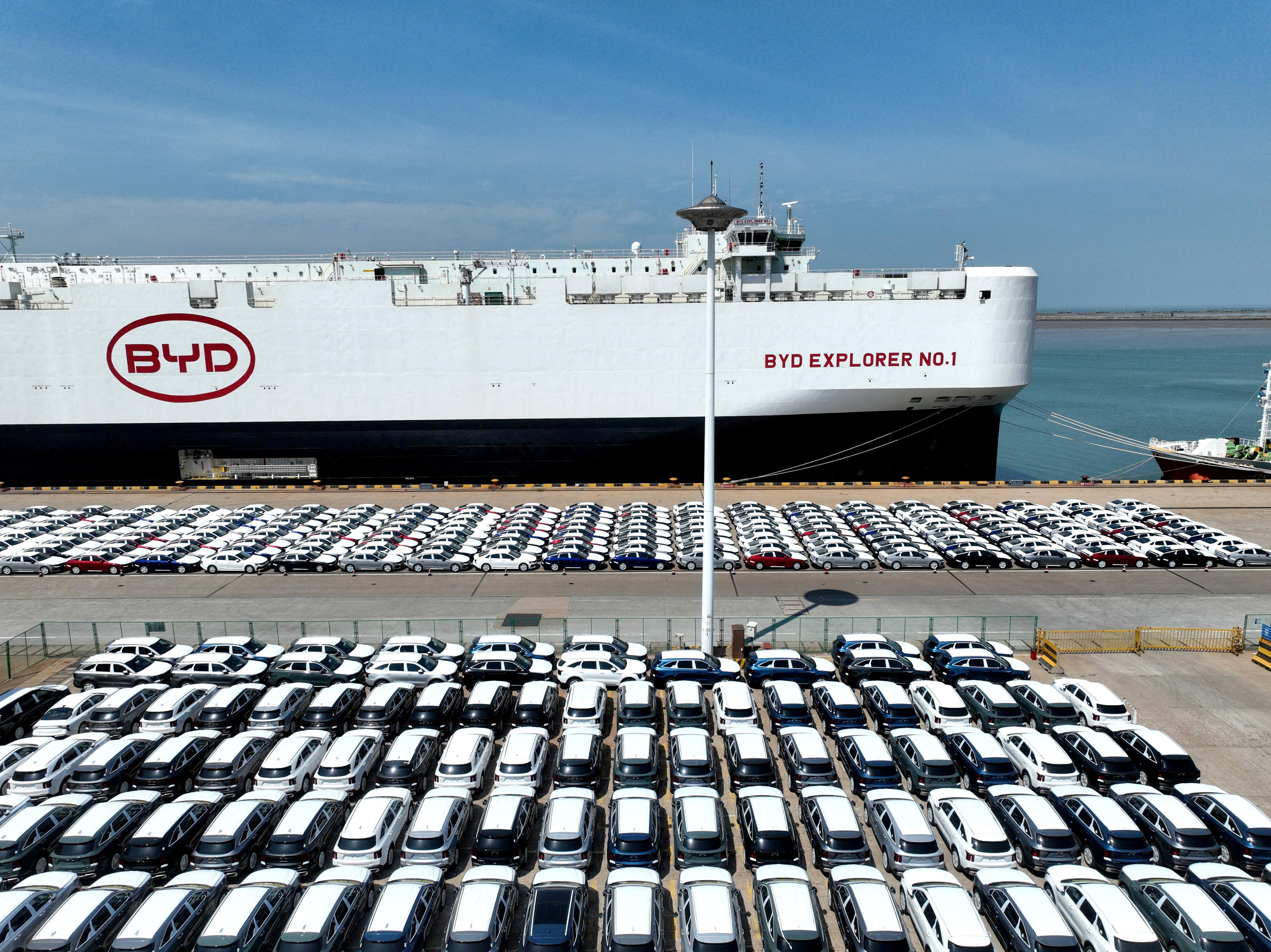 BYD electric vehicles form a queue before being loaded onto the Chinese carmaker’s Explorer No 1 carrier for export to Brazil. Photo: China Daily via Reuters