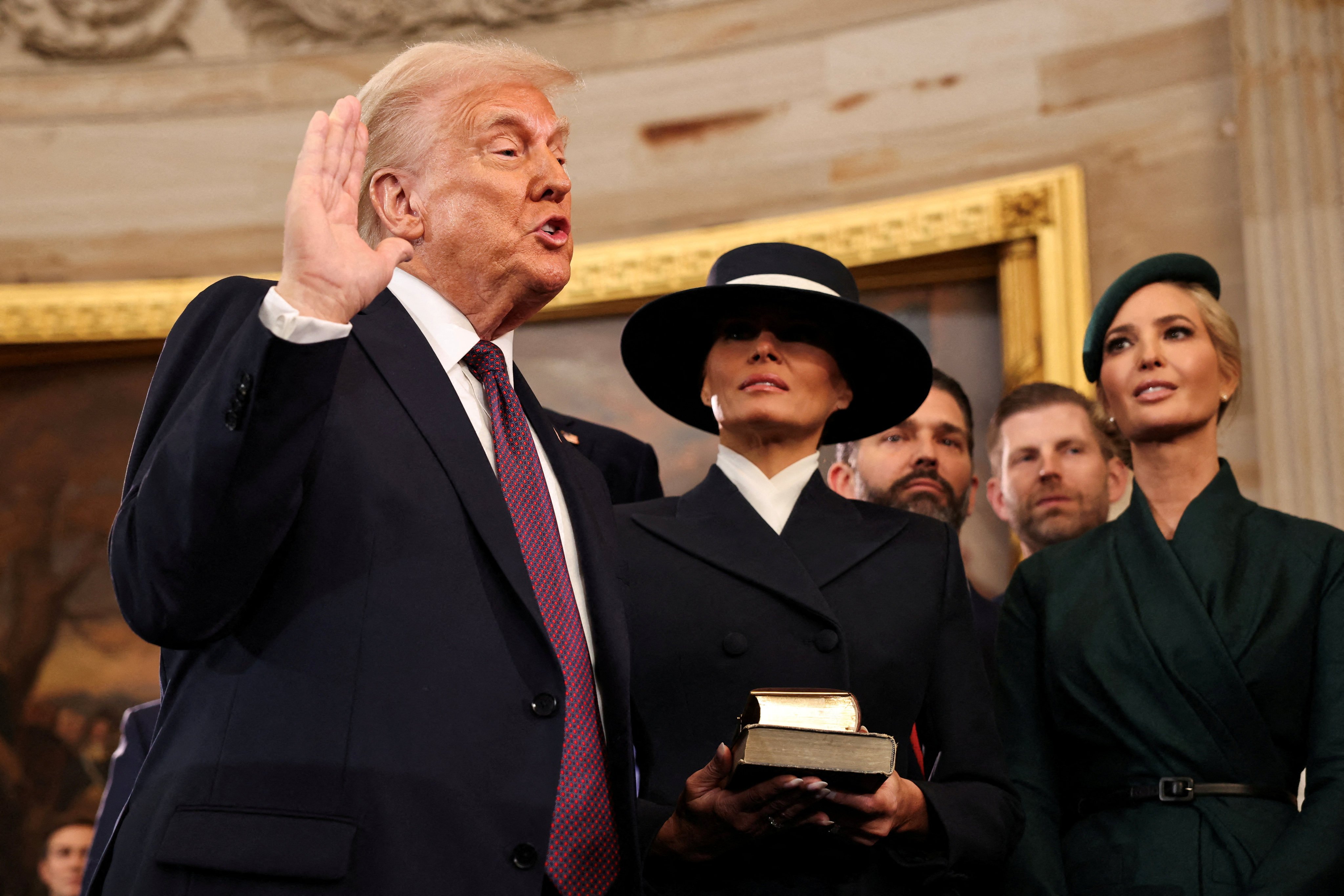 Donald Trump takes the oath of office for his second term as US president, in Washington on Monday. Photo: Reuters