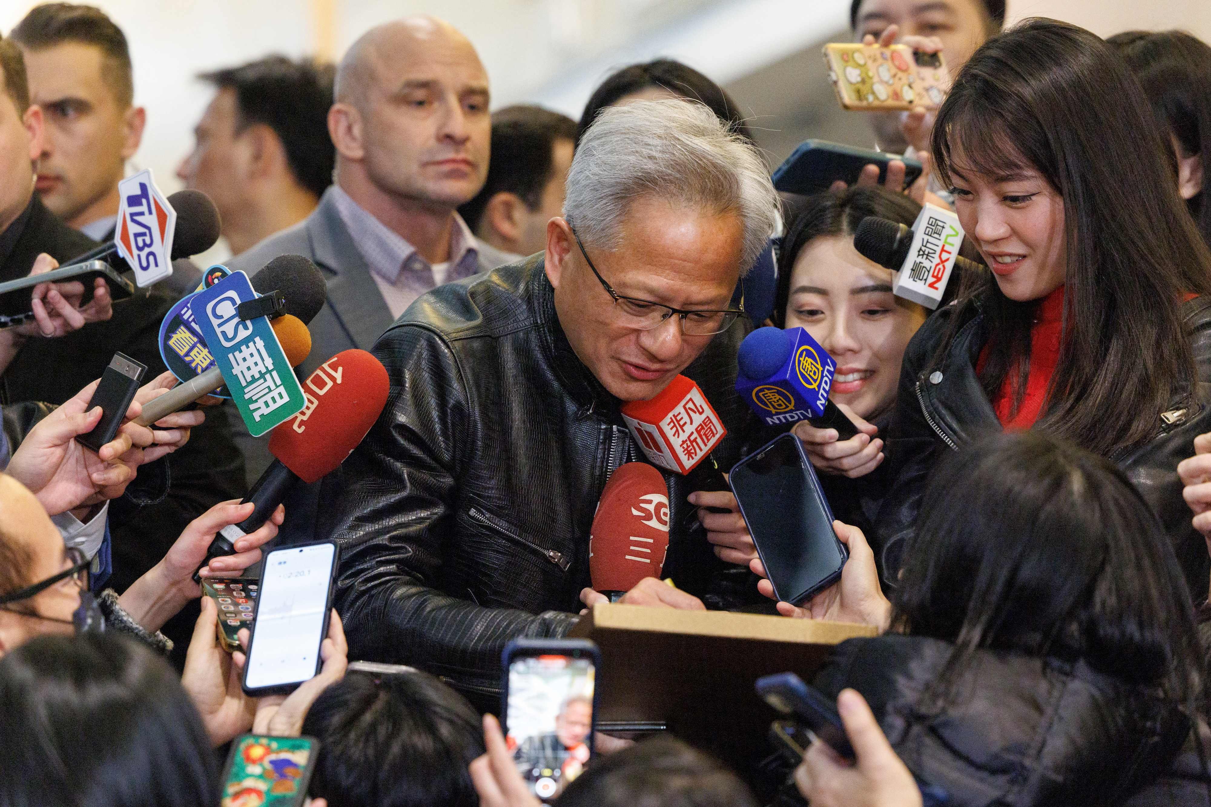 Nvidia CEO Jensen Huang arrives for Nvidia’s end-of-year party in Taipei. Photo: AFP