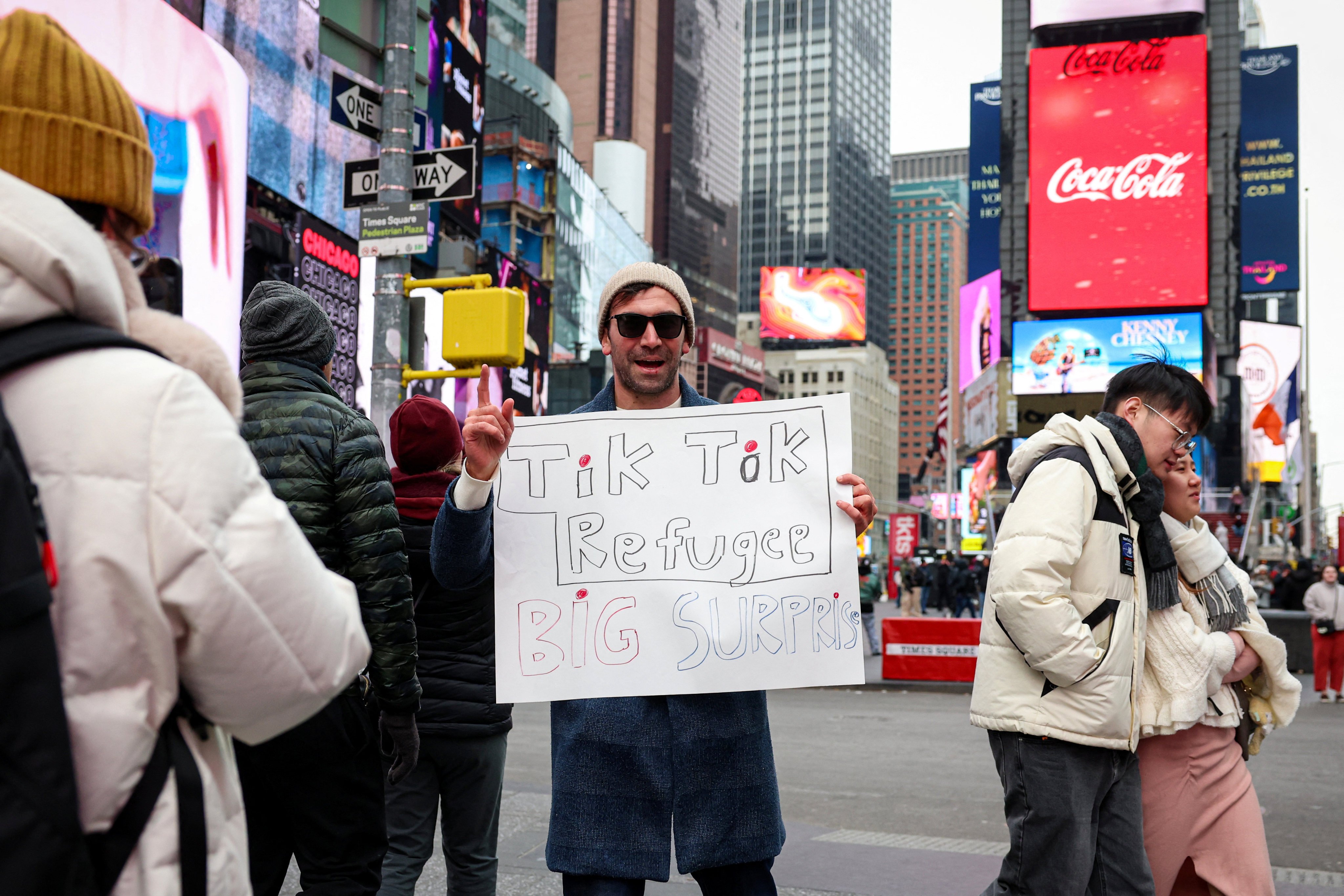 An influencer makes a video for his new RedNote account in Times Square in New York on January 16. Photo: Reuters 