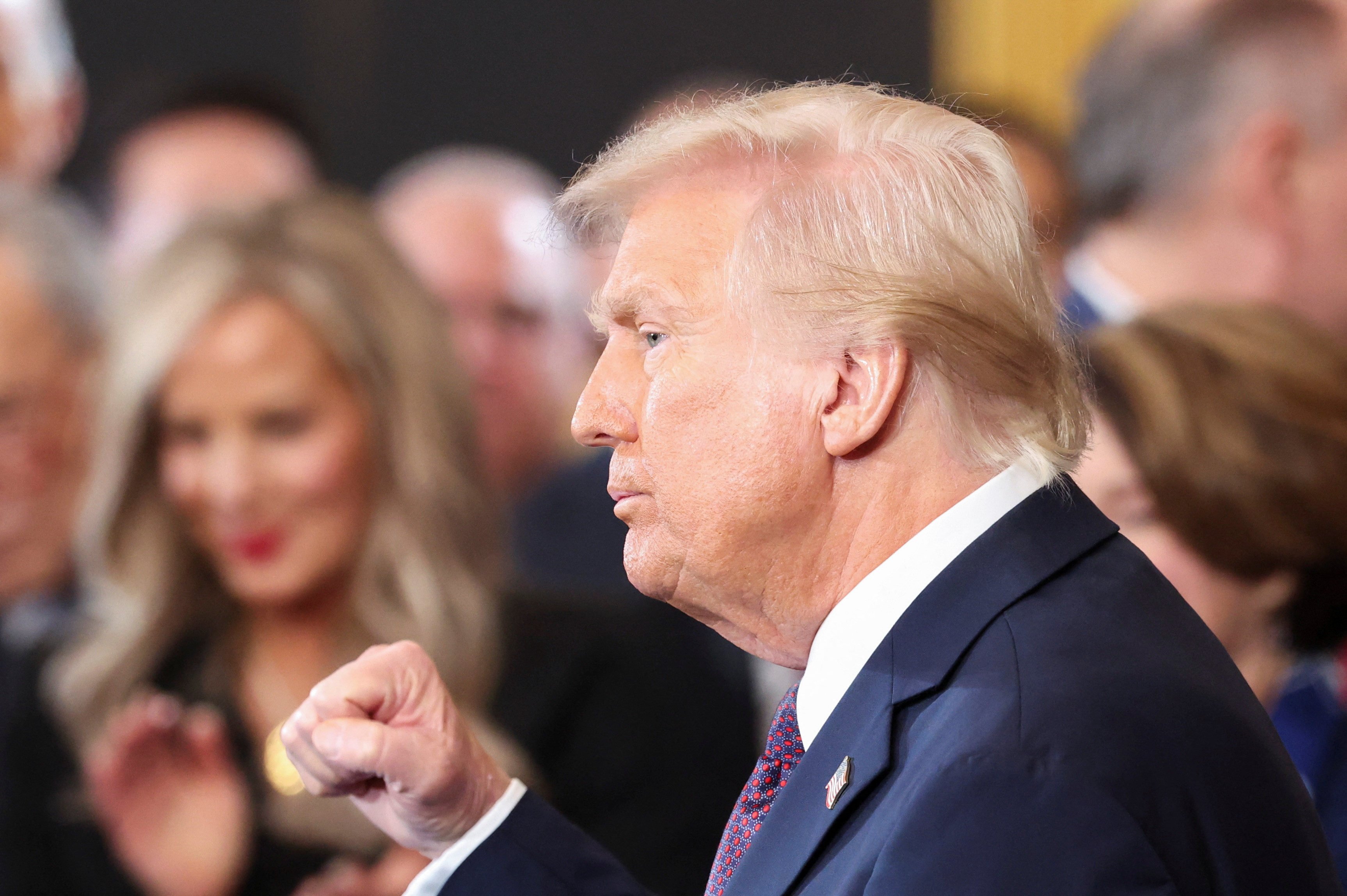 US President Donald Trump pumps his fist after delivering his inaugural address on Monday. Photo: Reuters