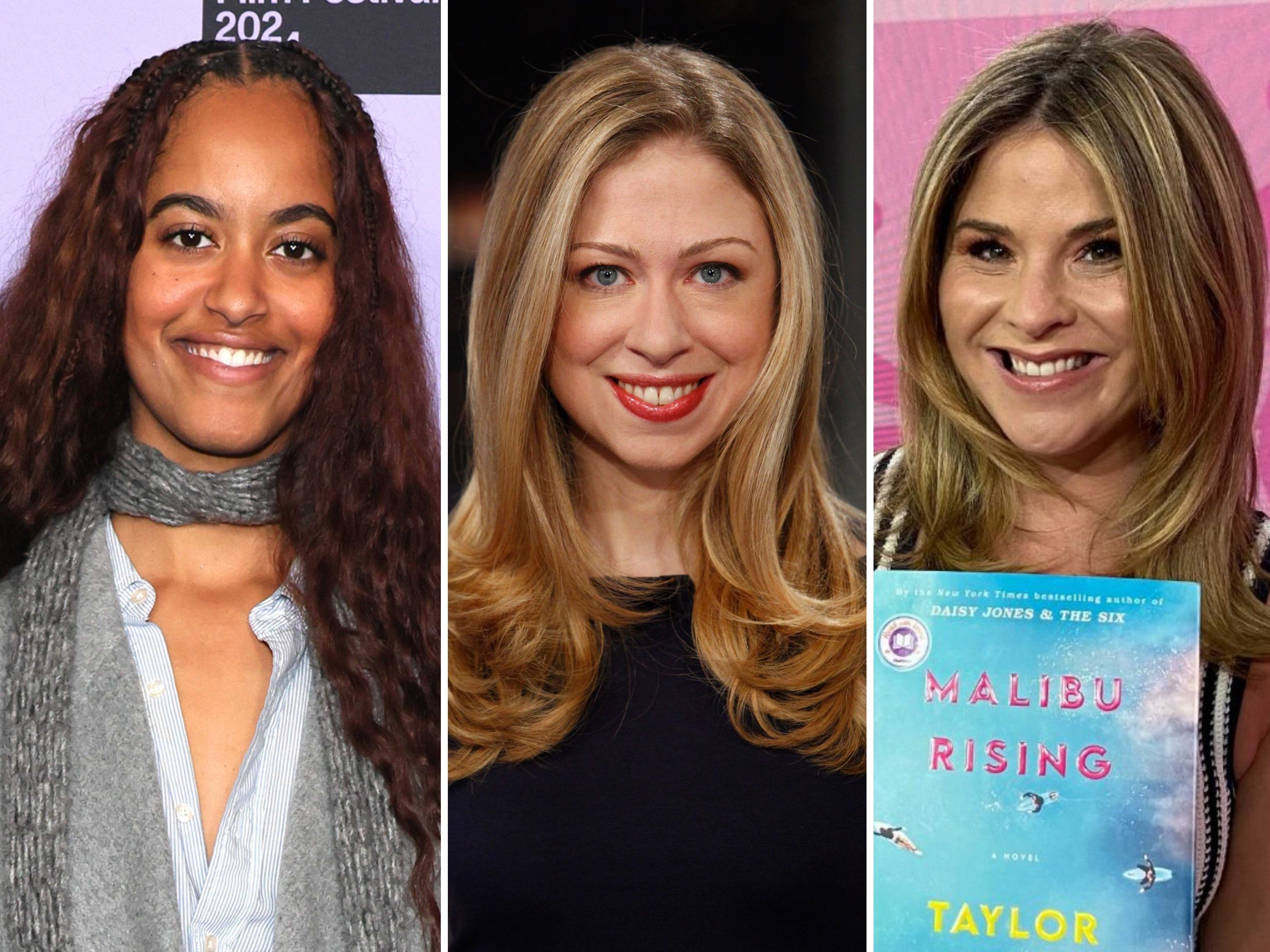 What are former first kids of the US Malia Obama, Chelsea Clinton and Jenna Bush Hager doing now? Photos: @Bookshop_Org/X, Chelsea Clinton/Facebook, Getty Images