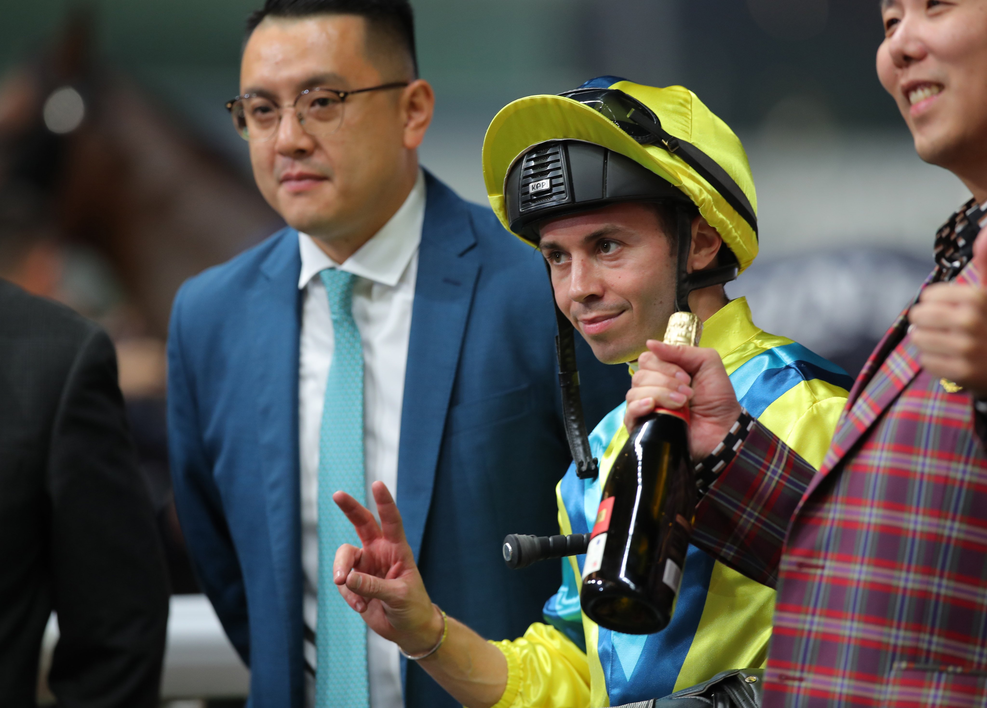 Mickael Barzalona celebrates his International Jockeys’ Championship win with Pierre Ng (left). Photos: Kenneth Chan