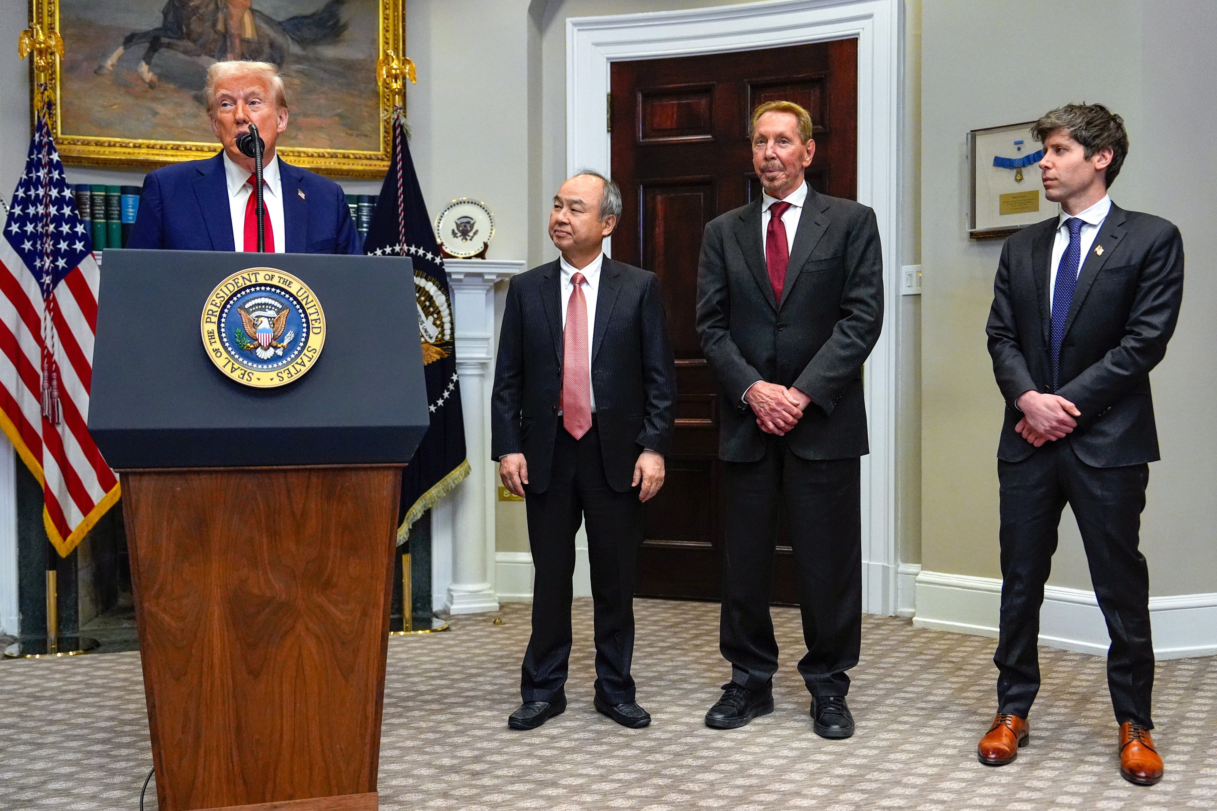 US President Donald Trump announces the US$100 billion artificial intelligence venture at the White House on Tuesday. Looking on are (from left) Masayoshi Son from SoftBank Group, Oracle Corporation’s Larry Ellison, and Sam Altman, the OpenAI CEO. Photo: AP