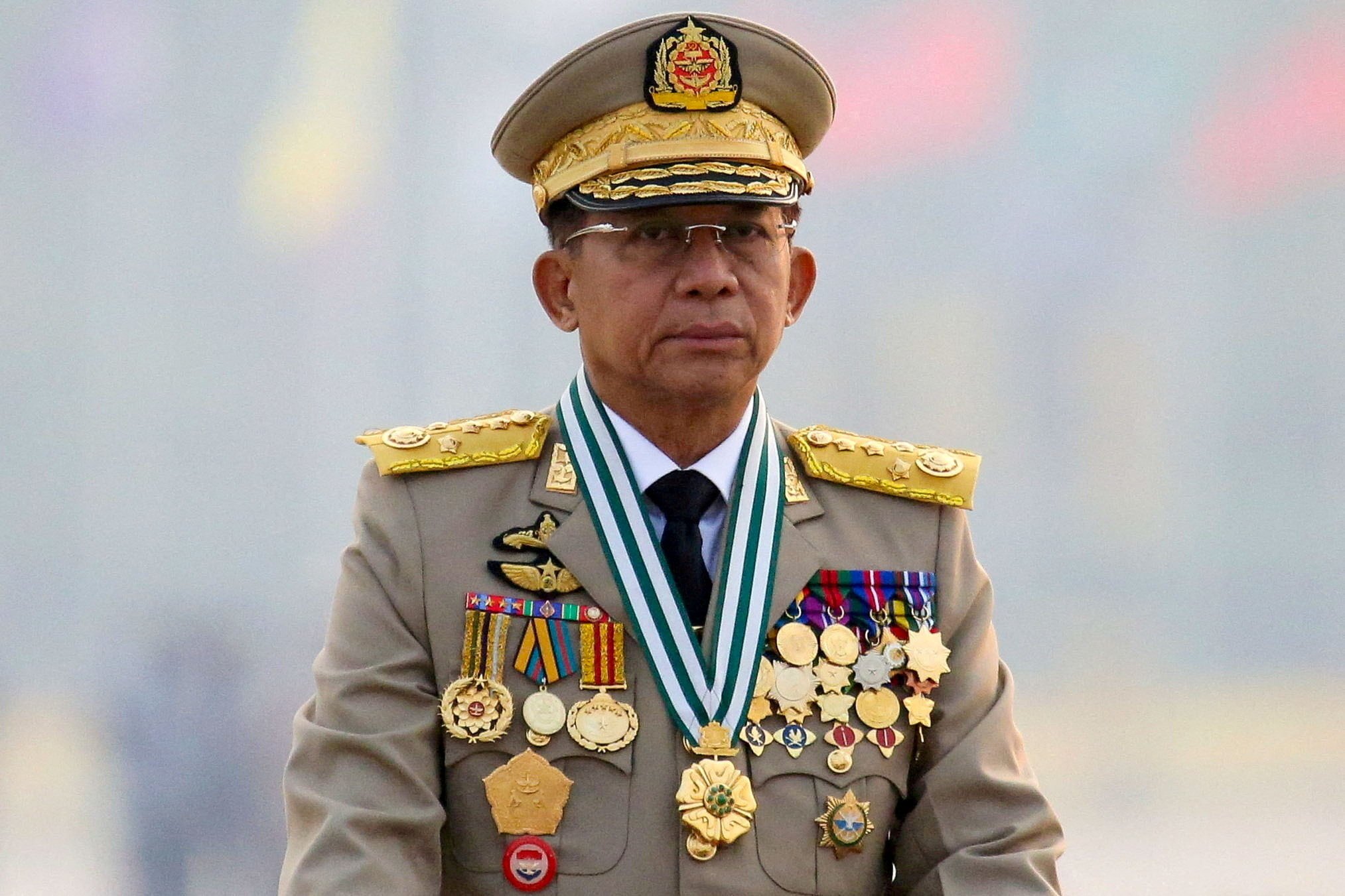 Myanmar junta chief Min Aung Hlaing presides over a military parade in Naypyidaw in March 2021. Photo: Reuters