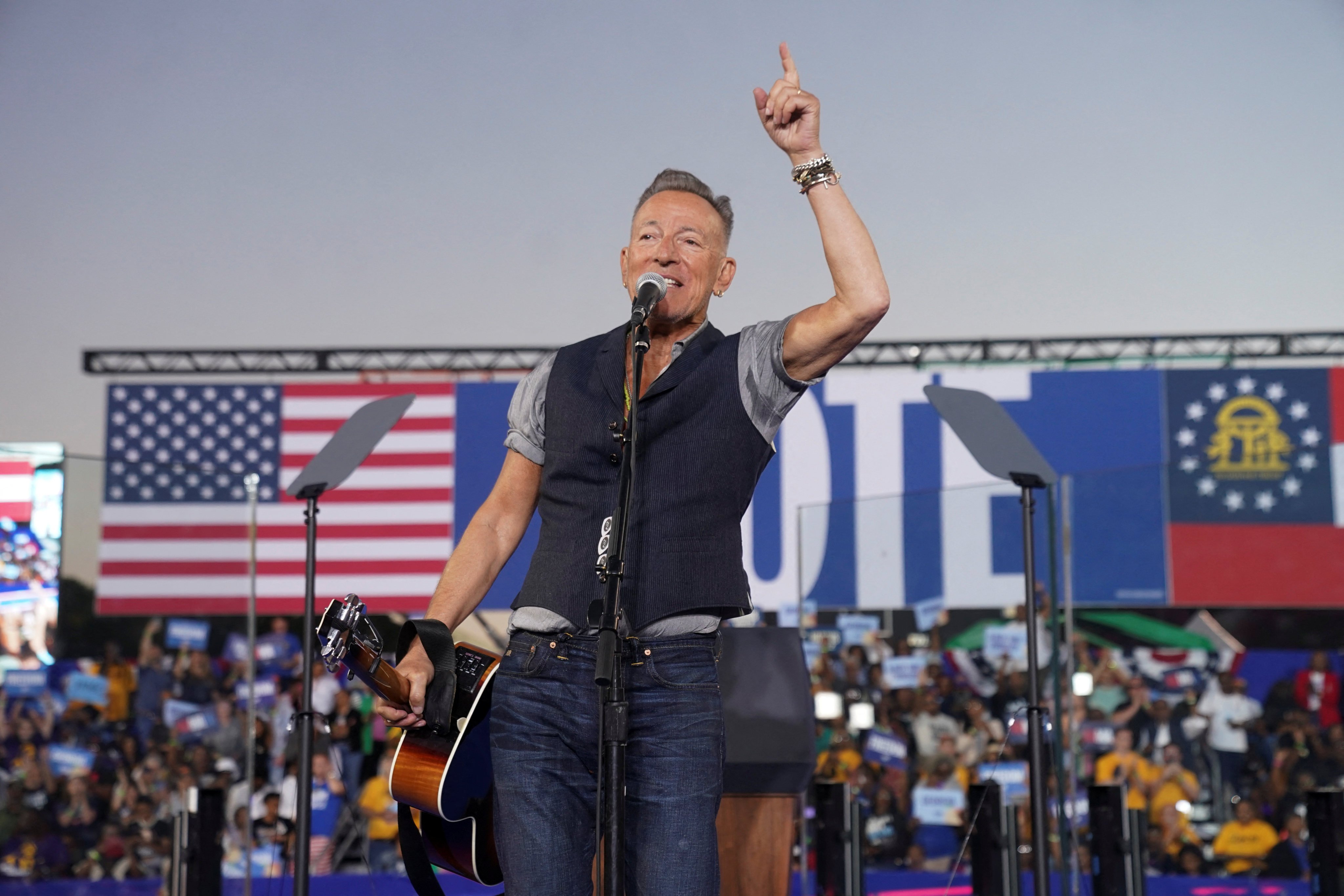 Bruce Springsteen, 75, at an October 2024 rally for Democratic Party presidential candidate Kamala Harris in the US state of Georgia. Springsteen credits his fitness to following the Omad (one meal a day) diet. Photo: Reuters