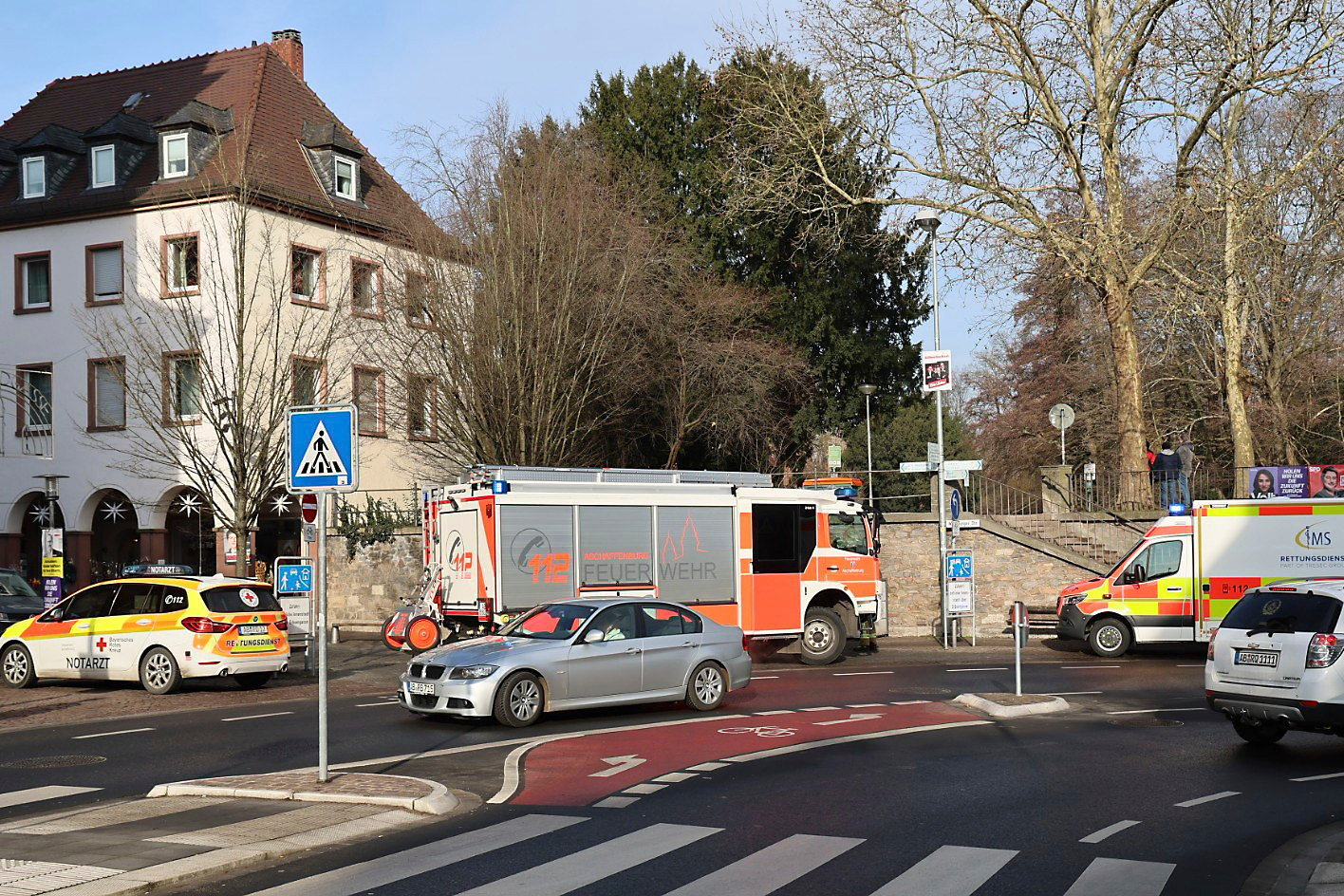 Rescue vehicles near a crime scene in Aschaffenburg, Germany, where two people were killed in a knife attack. Photo: AP