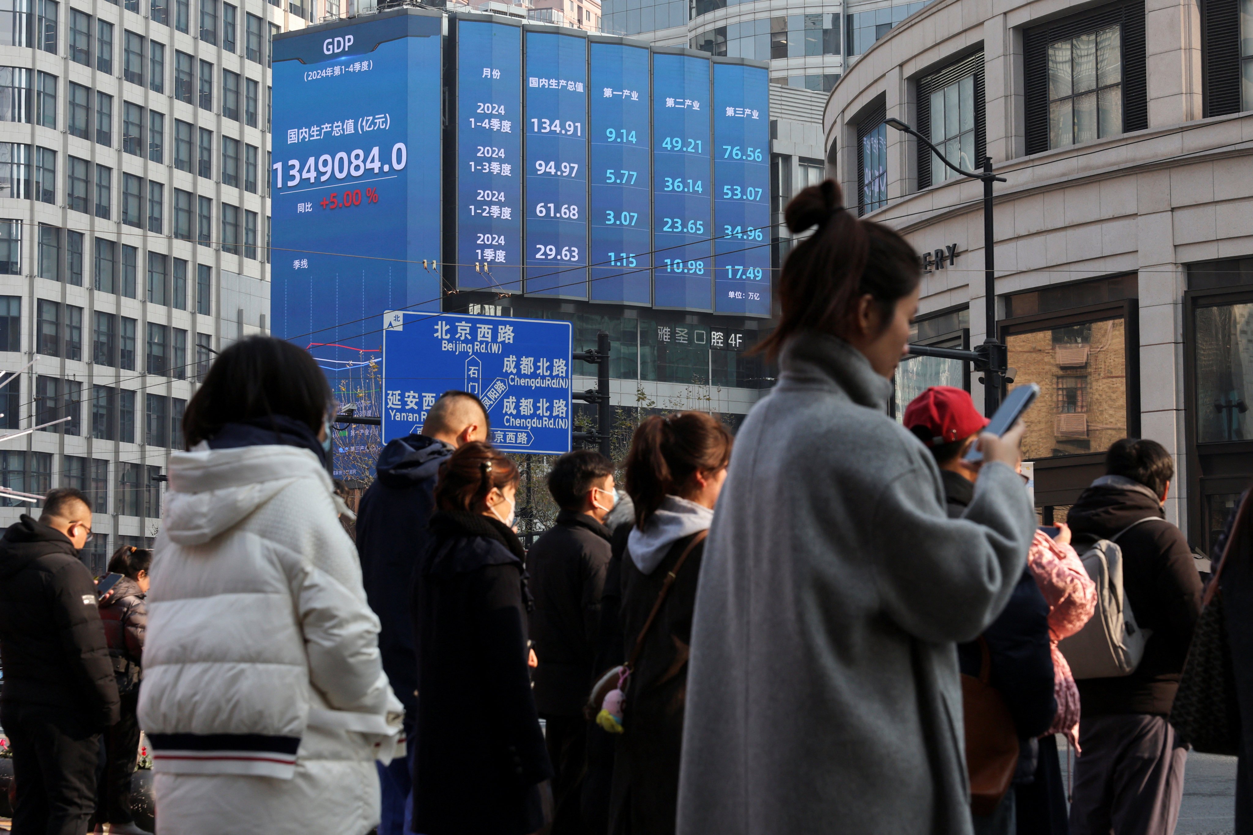 Pedestrians cross a street near an electronic billboard showing China’s 2024 GDP growth in Shanghai on January 21, 2025. Photo: Reuters