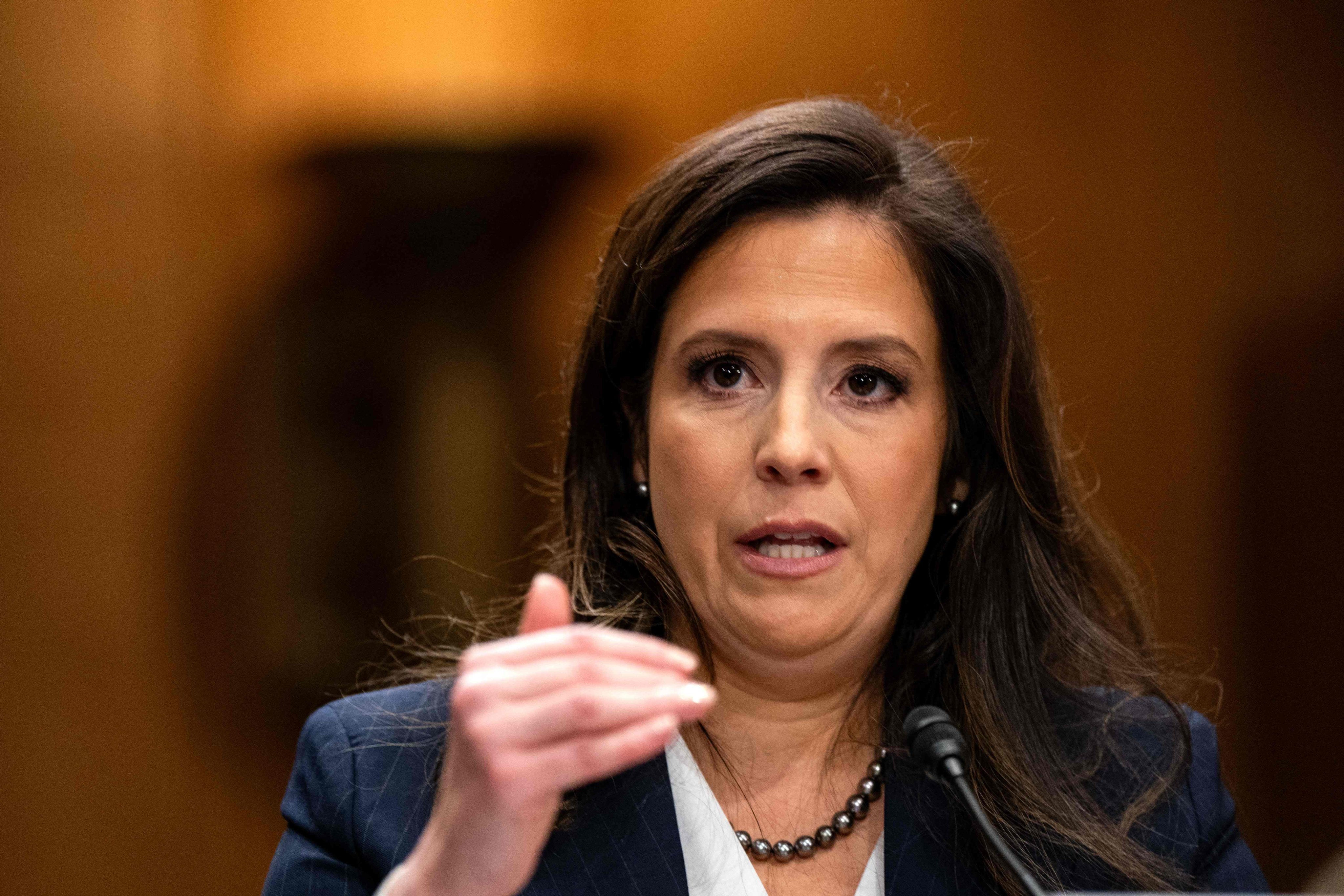 US congresswoman Elise Stefanik, a New York Republican, testifies in Washington on Tuesday before the Senate Foreign Relations Committee on her nomination to be US ambassador to the United Nations. Photo: Getty Images via AFP