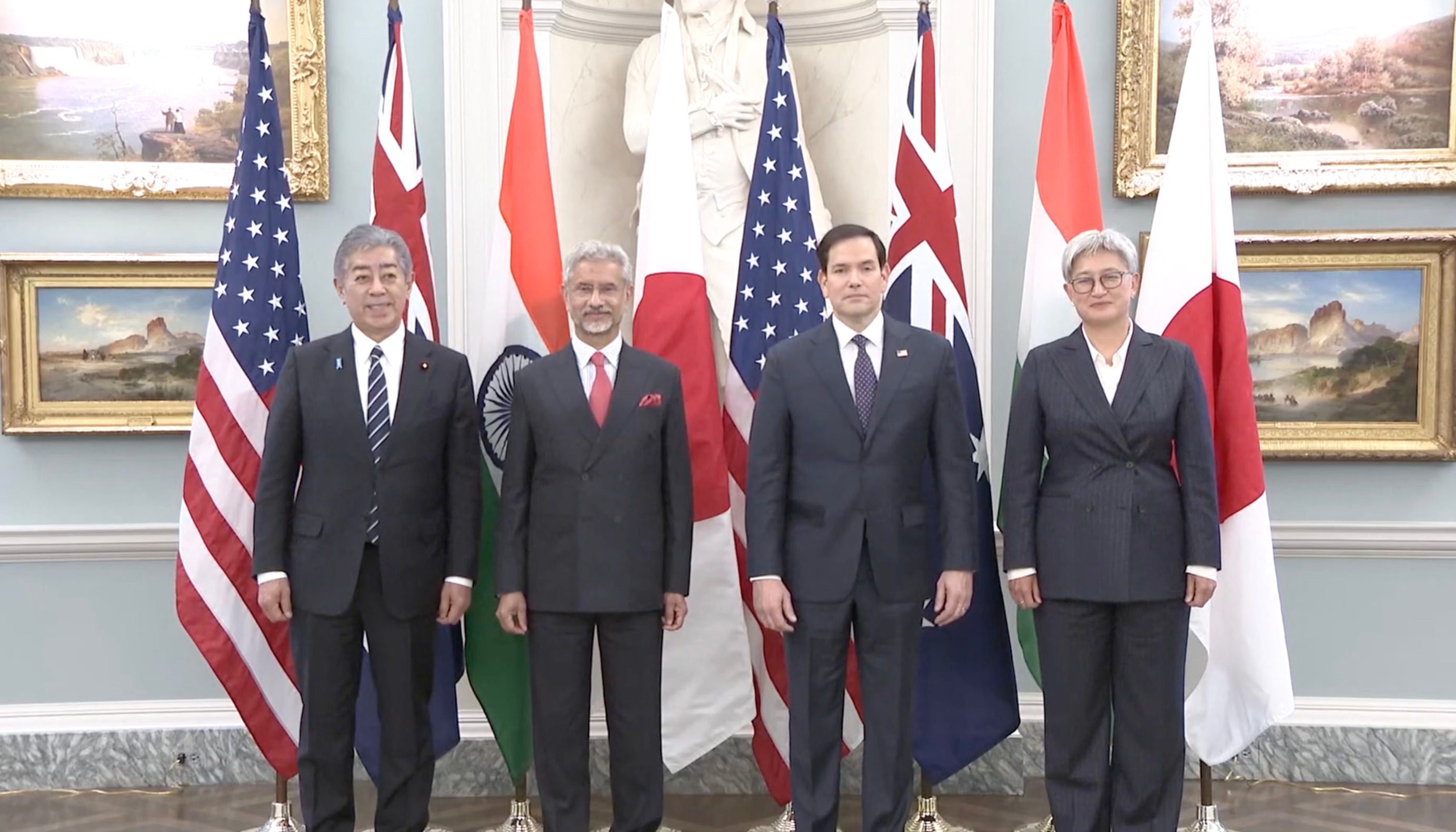 Meeting on Tuesday in Washington are (from left) Takeshi Iwaya, Japan’s foreign minister; Indian Foreign Minister Subrahmanyam Jaishankar; US Secretary of State Marco Rubio; and Penny Wong, Australia’s foreign minister. Photo: US State Department