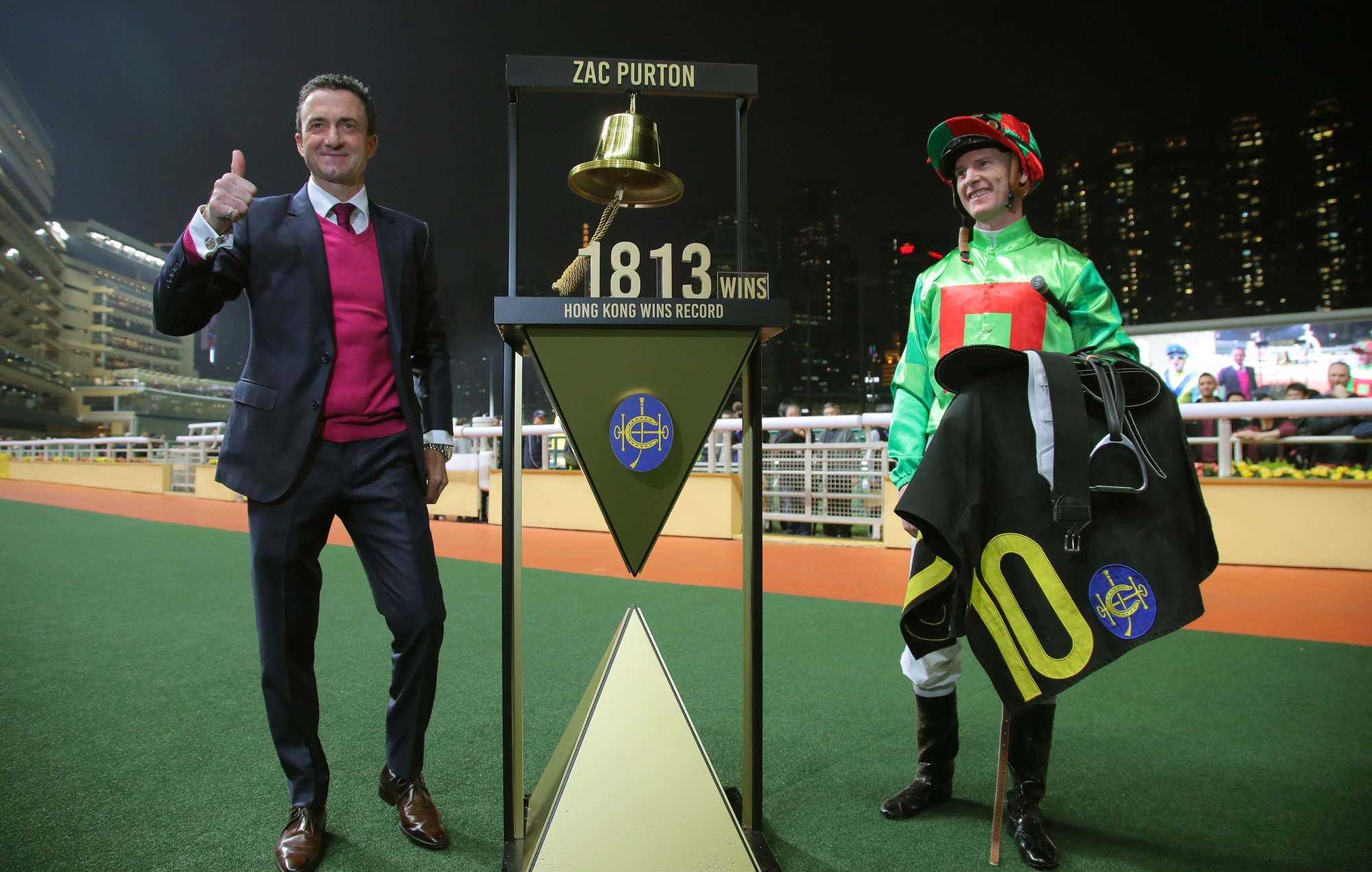 Douglas Whyte and Zac Purton after the latter equalled the former’s all-time record on Wednesday night.