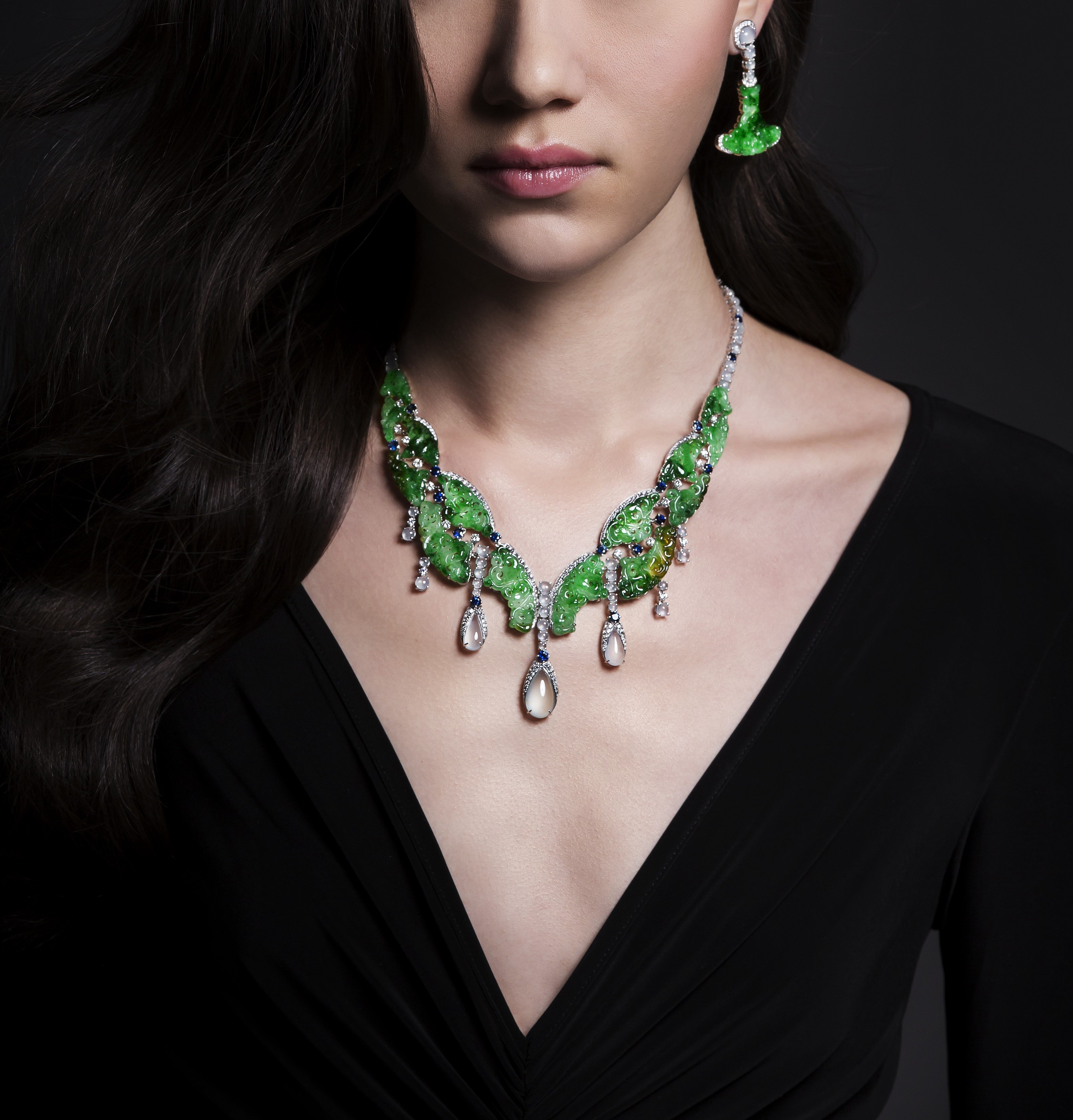 Dawn Atelier & Academy’s carved green jadeite necklace and earrings set. Photo: Handout