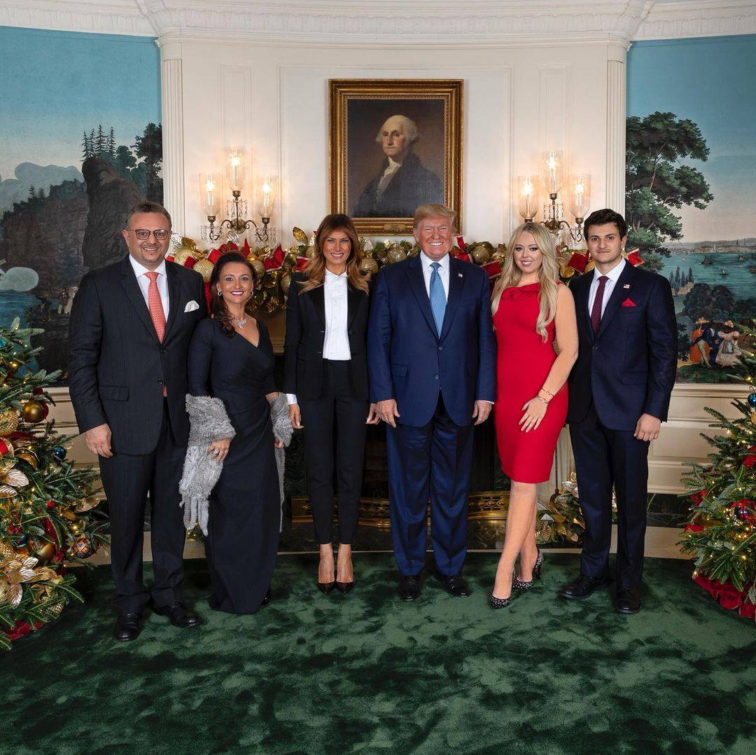 Happy families: Tiffany Trump and Michael Boulos (right) pose proudly with Donald and Melania Trump (centre) and Massad and Sarah Boulos (left). Photo: @tiffanytrump/Instagram