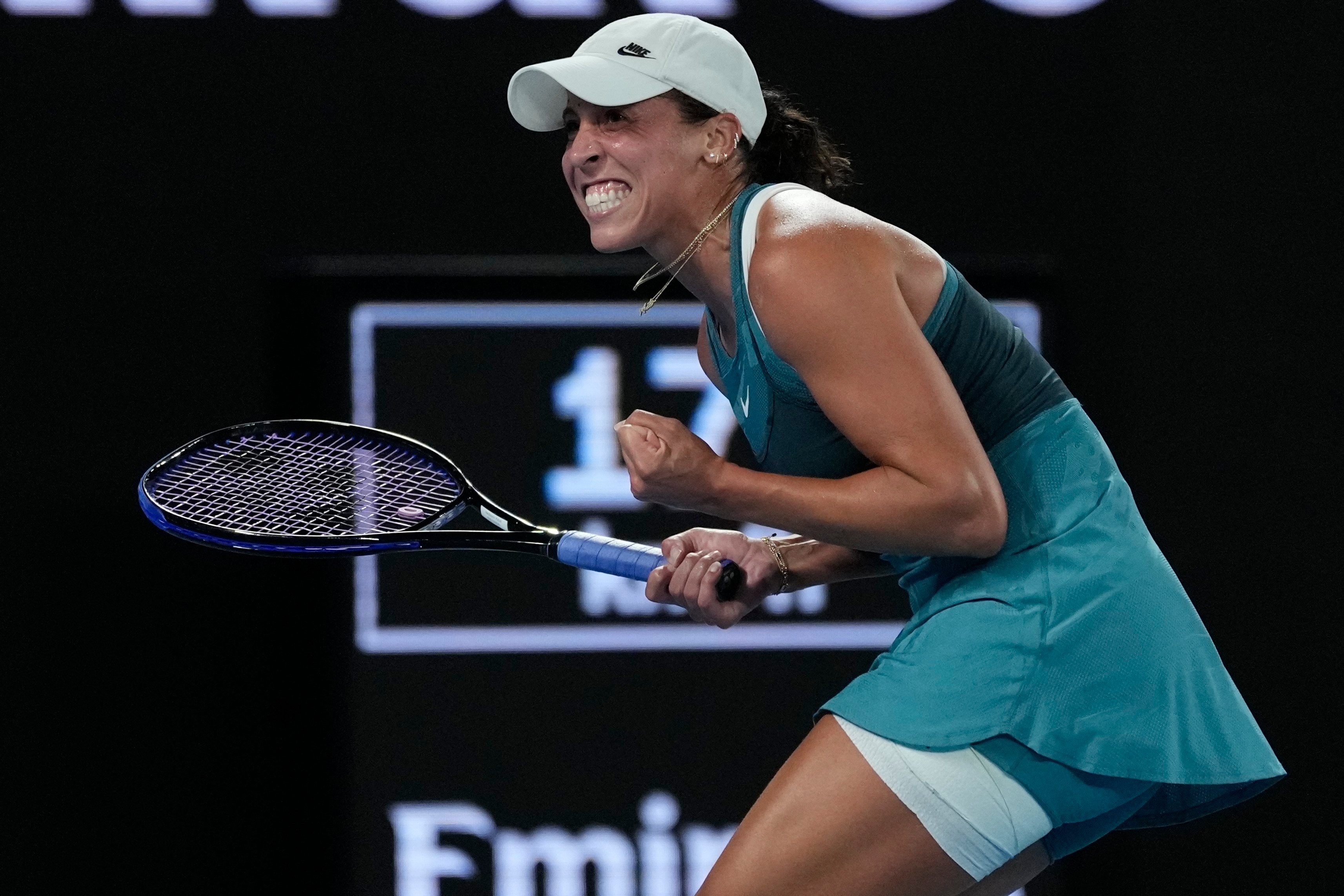 Madison Keys of the US in great delight after defeating Iga Swiatek of Poland in their Australian Open semi-final on Thursday. Photo: AP