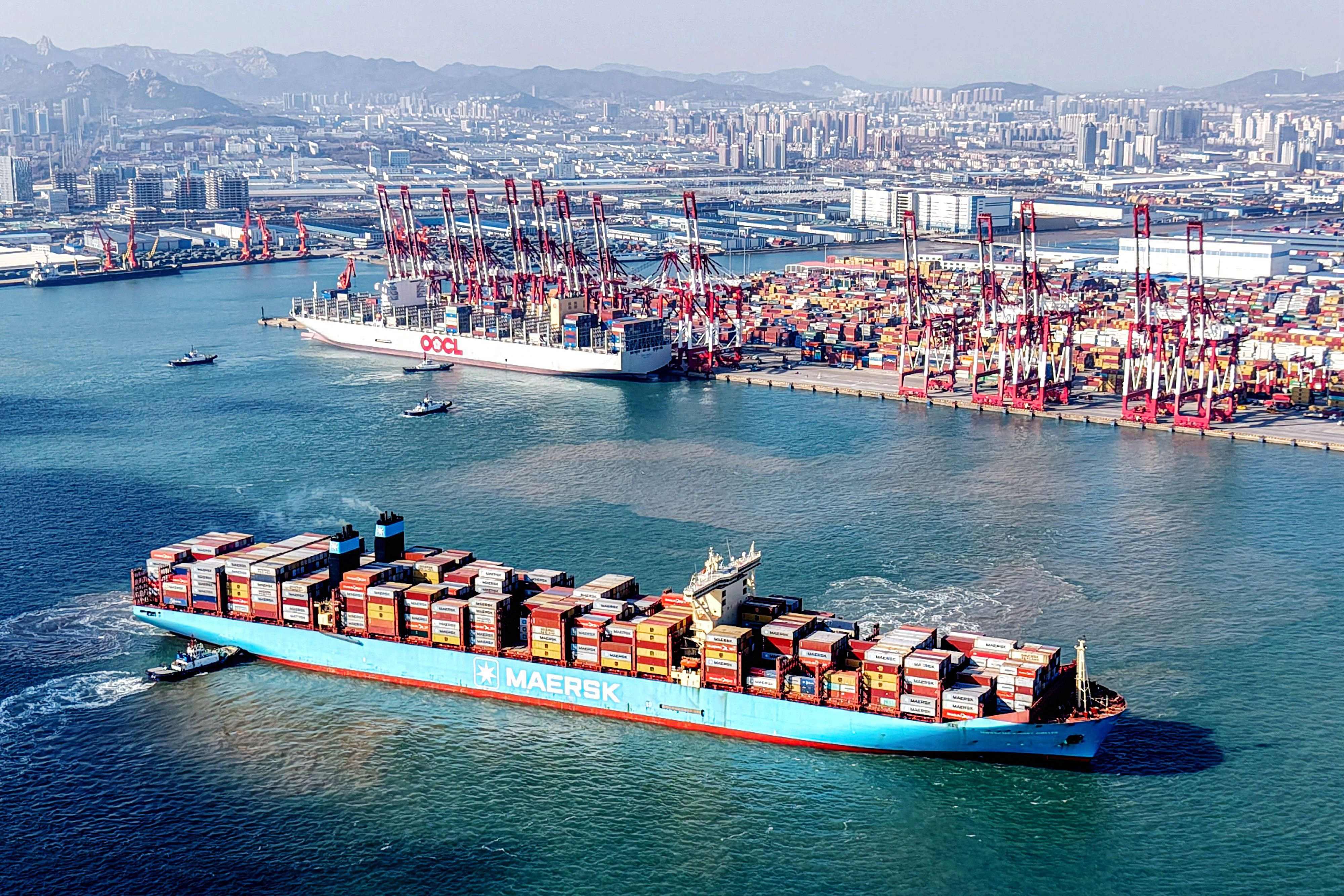 A container ship sails from the Qingdao port in eastern China’s Shandong province on December 26, 2024. Photo: AFP