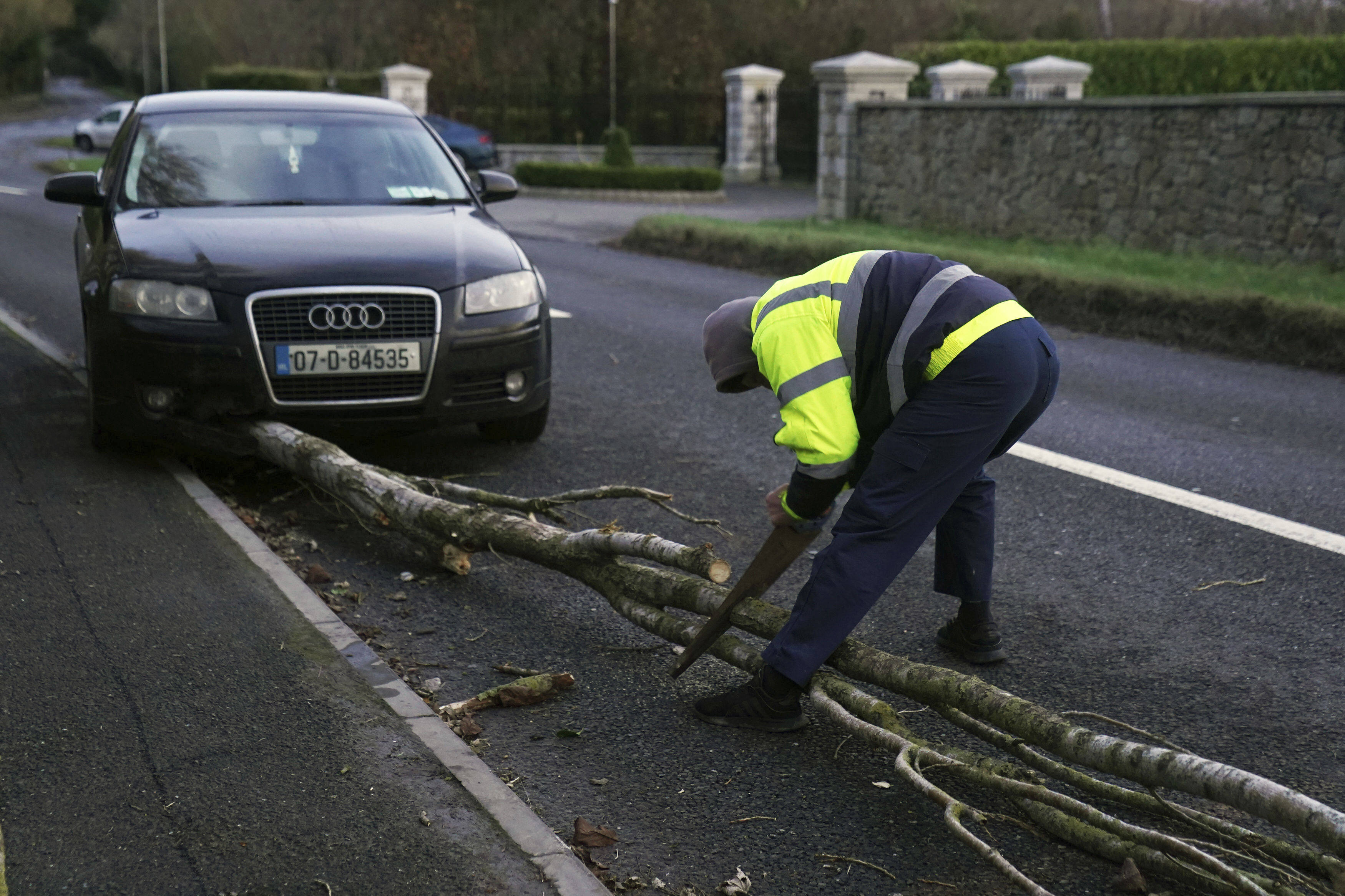 A man attends to a fallen tree in Dublin, Ireland, as the entire island braces for Storm Eowyn. Photo: AP