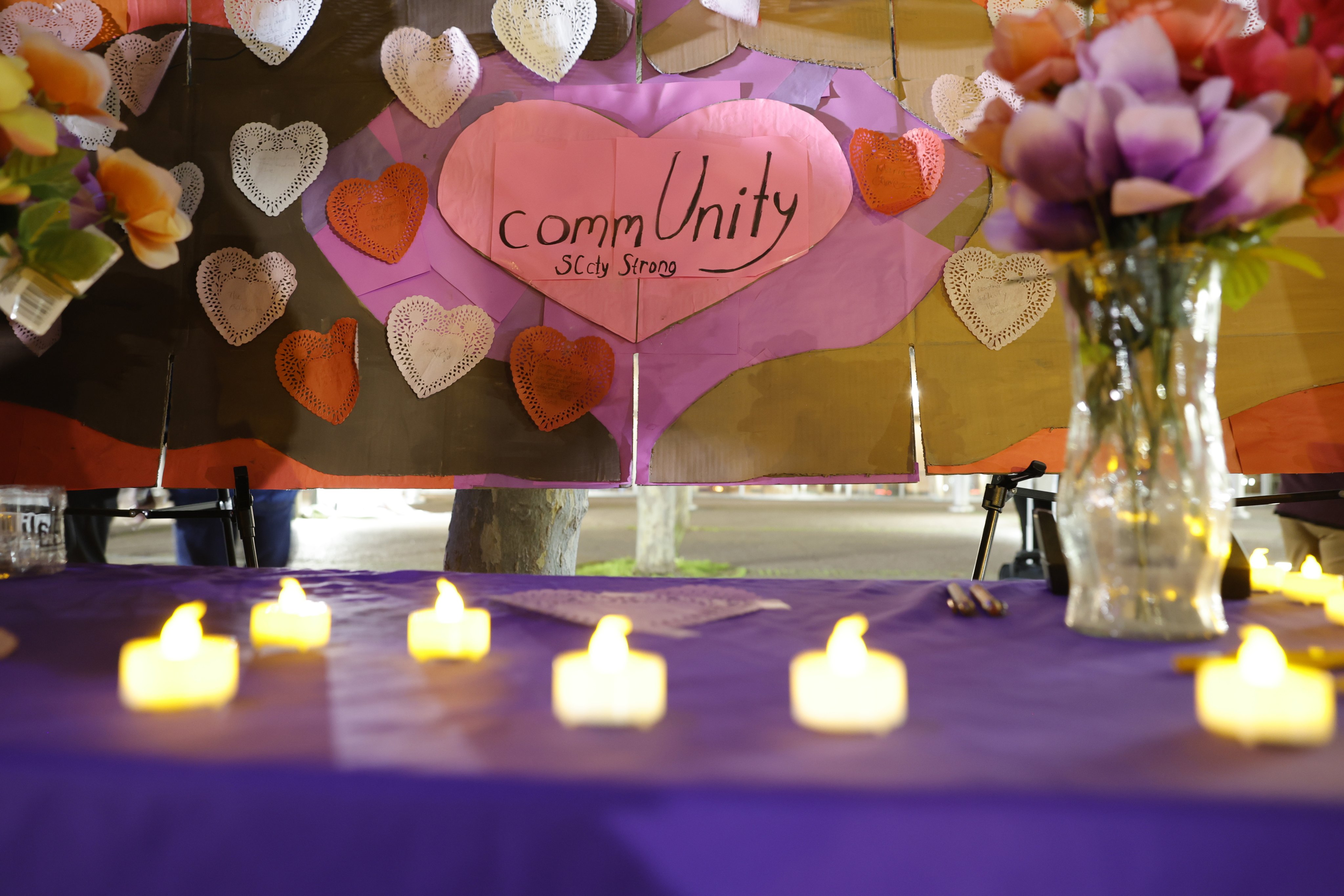 Decorations and candles in support of immigrant communities are seen during a rally by religious and community leaders in San Jose, California, on Tuesday. Photo: EPA-EFE