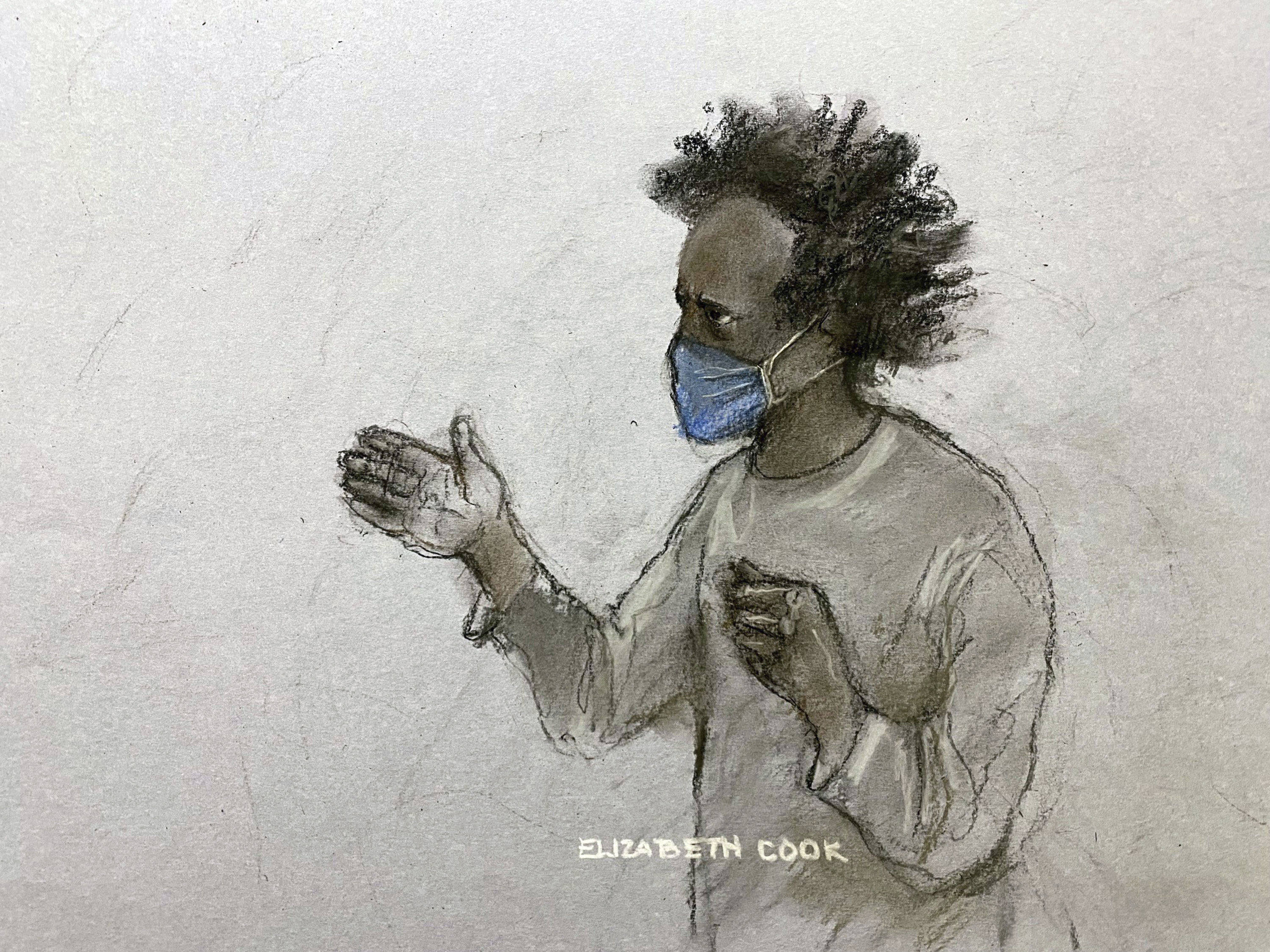 Axel Rudakubana, 18, shouts from the dock at Liverpool Crown Court on Thursday. Courtroom sketch:Elizabeth Cook/PA via AP