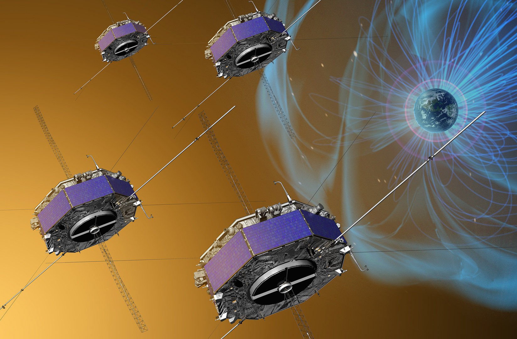 An artist’s depiction of the Magnetospheric Multiscale (MSS) Mission. The four satellites have been collecting valuable data about the Earth’s magnetic field since 2015. Illustration: Nasa