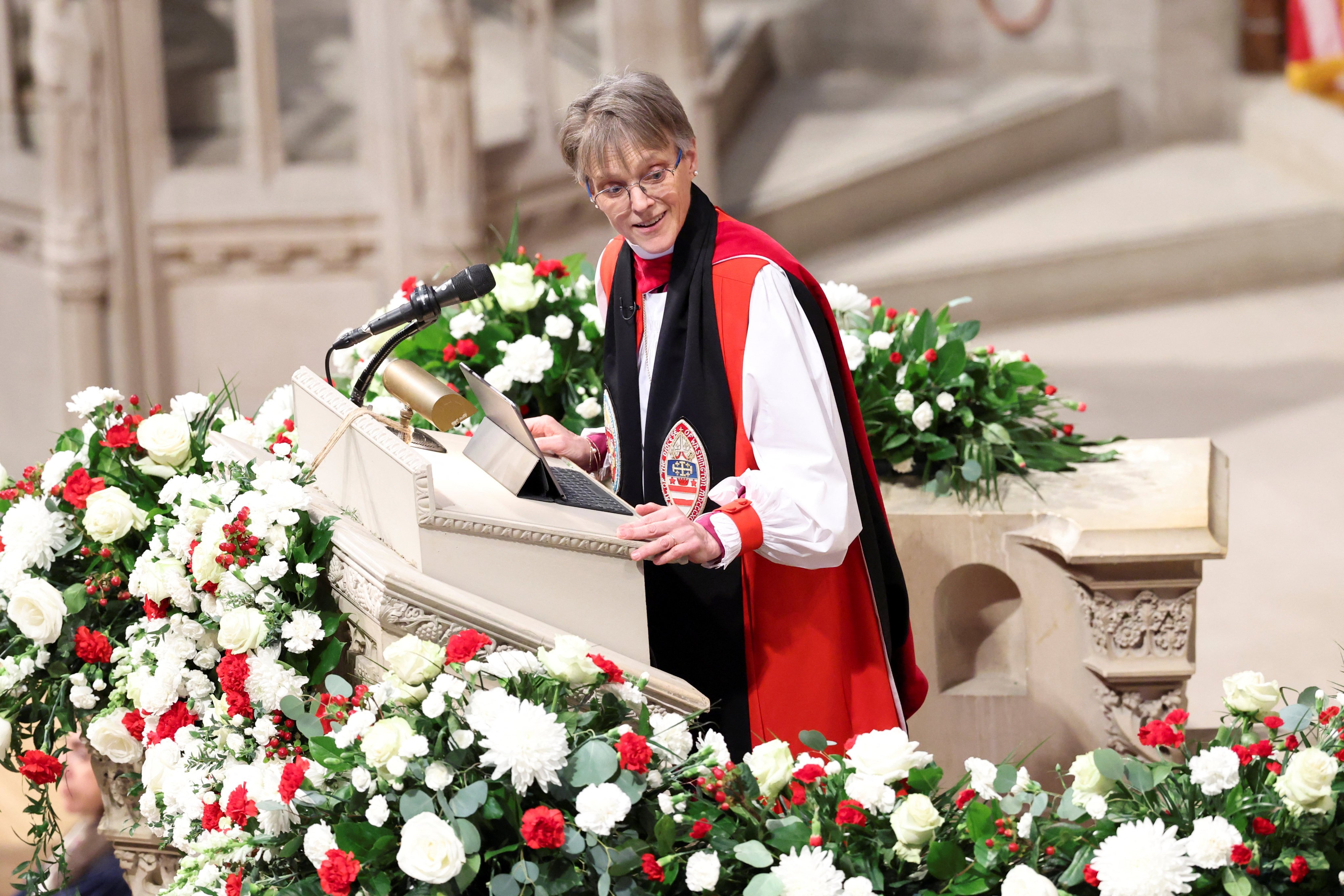 Reverend Mariann Edgar Budde speaks as US President Donald Trump, first lady Melania and US Vice President J.D. Vance with second lady Usha attend the National Day of Prayer Service at the Washington National Cathedral in Washington DC, US, on January 21. Photo: Reuters