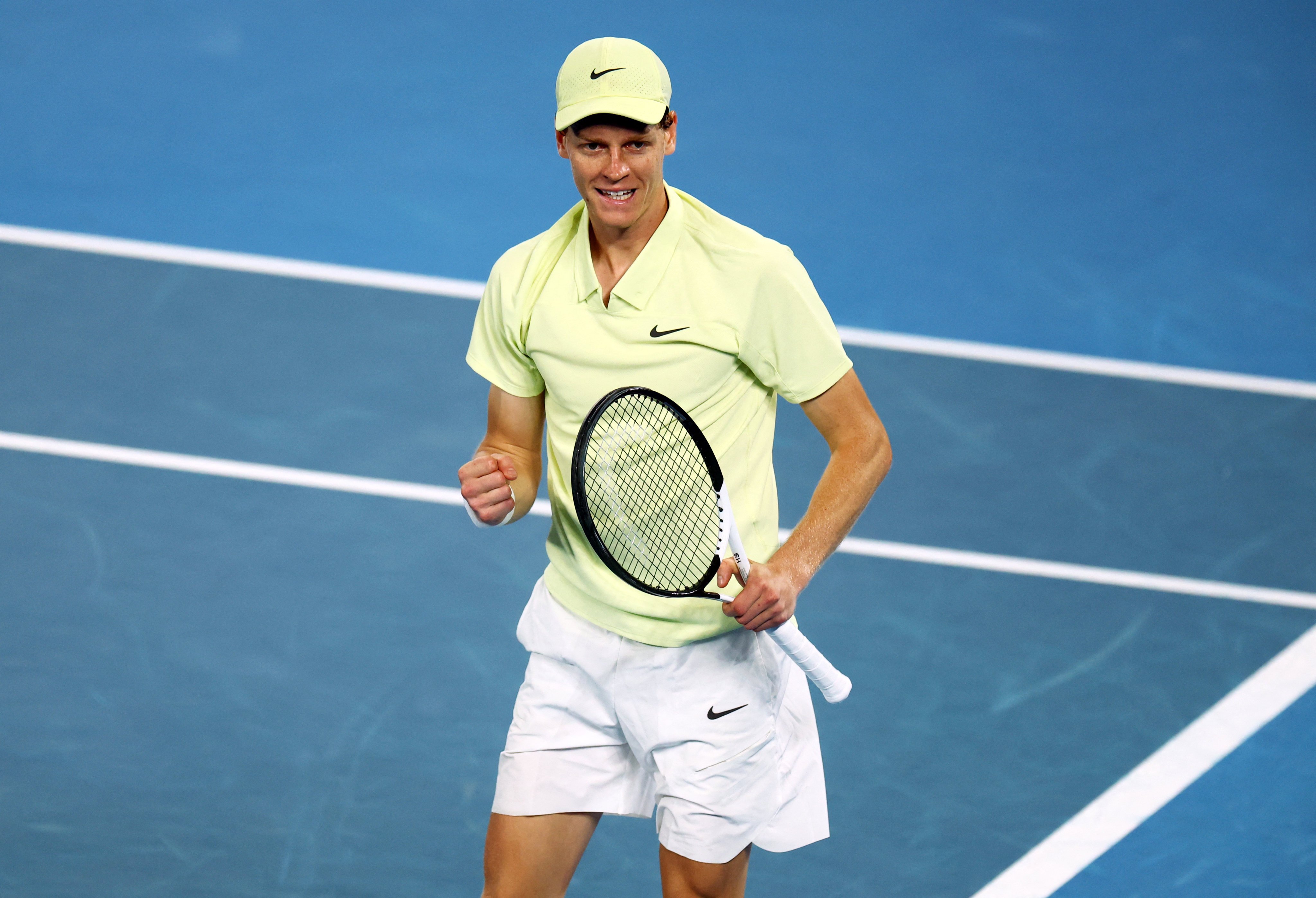 Jannik Sinner celebrates after winning his Australian Open semi-final against Ben Shelton in straight sets. Photo: Reuters