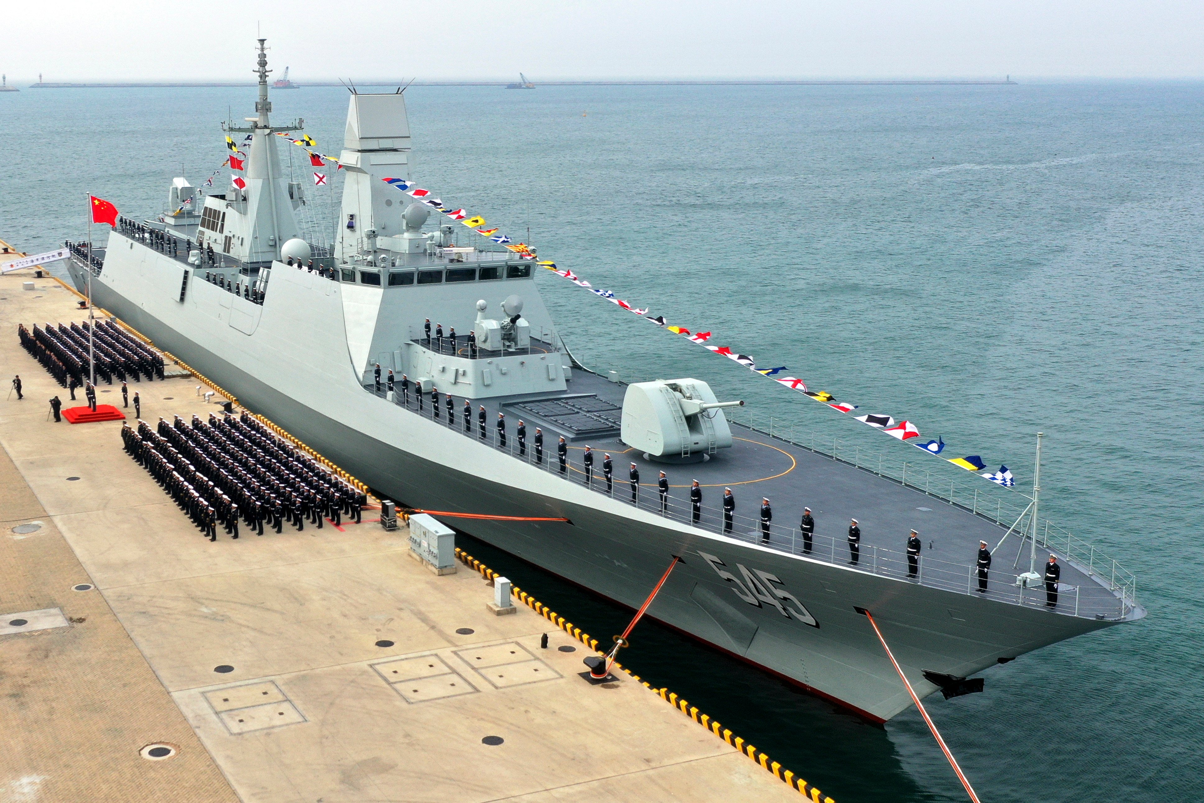 The launch ceremony for China’s first Type 054B frigate, the Luohe, at a military port in Qingdao on Wednesday. Photo: Xinhua via AP 