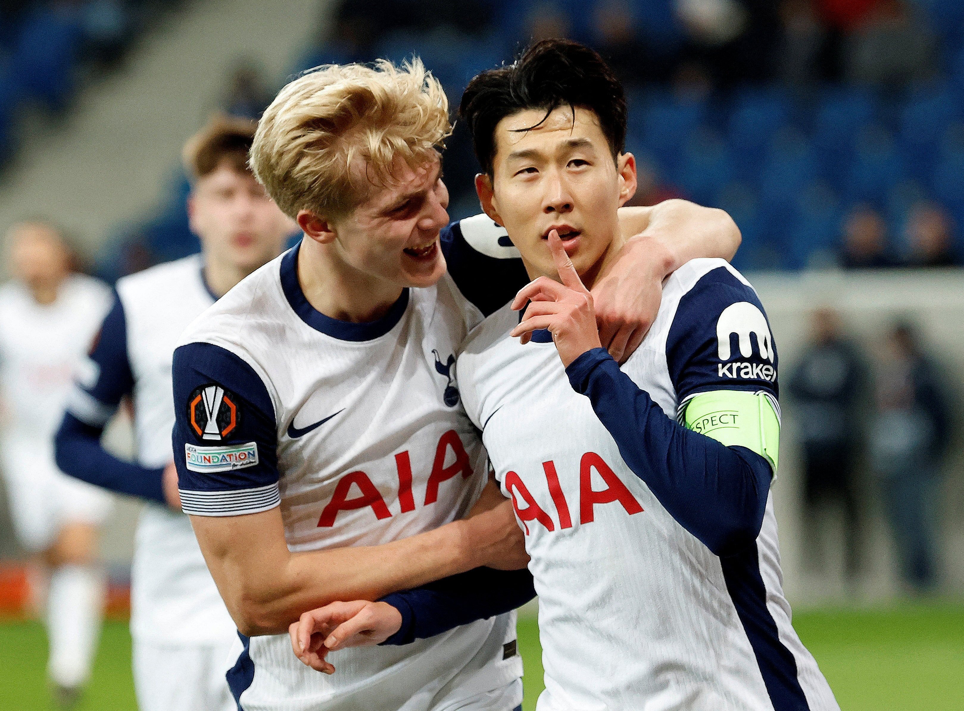 Tottenham captain Son Heung-min (right) silences the crowd after scoring his side’s third goal against Hoffenheim. Photo: Reuters