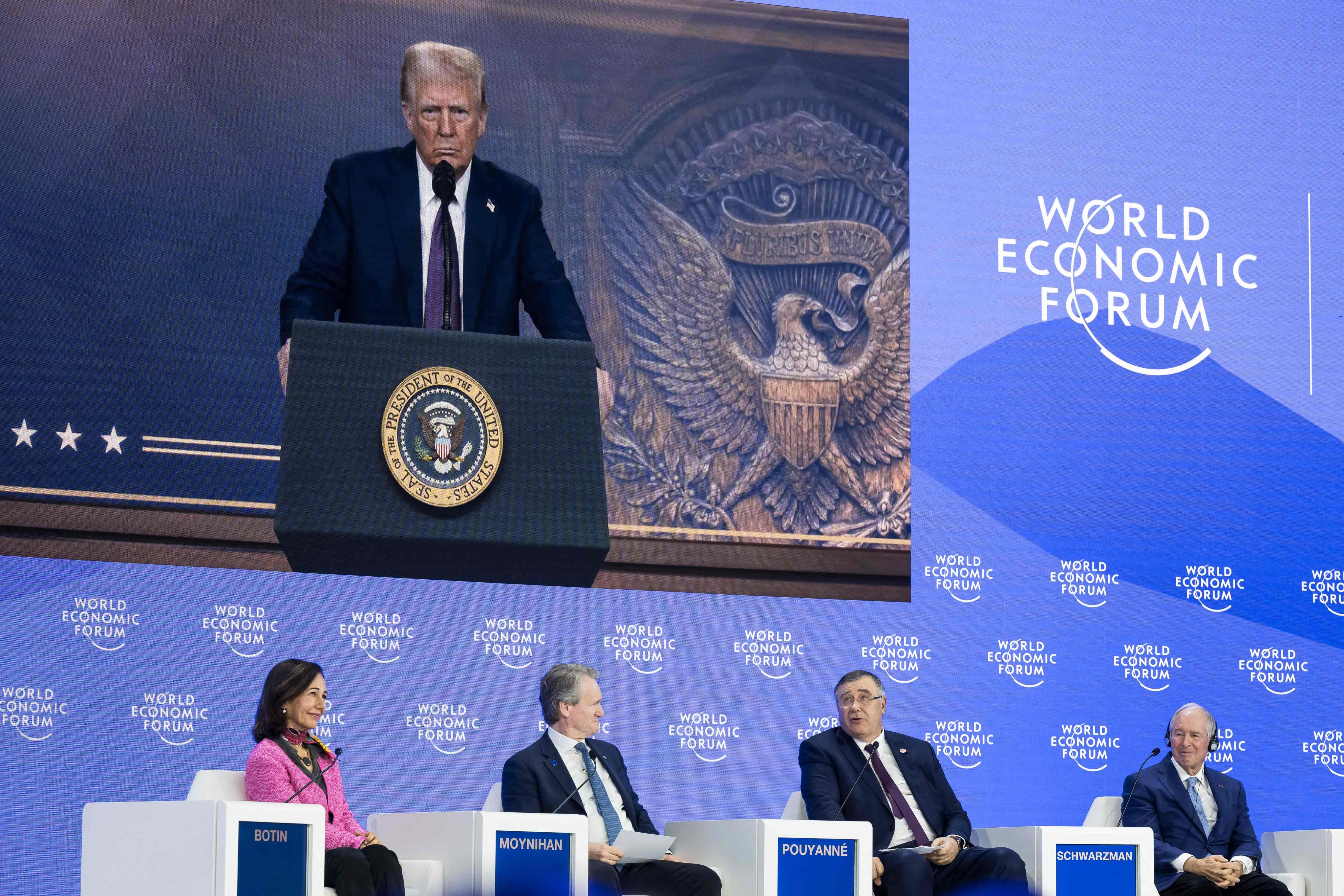 US President Donald Trump speaks by video to the World Economic Forum in Davos, Switzerland, on Thursday. Photo: AFP