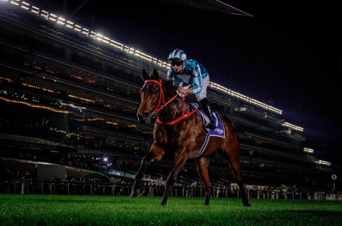 Romantic Warrior wins the Group One Jebel Hatta (1,800m) at Meydan on Friday night. Photos: Alex Evers/HKJC