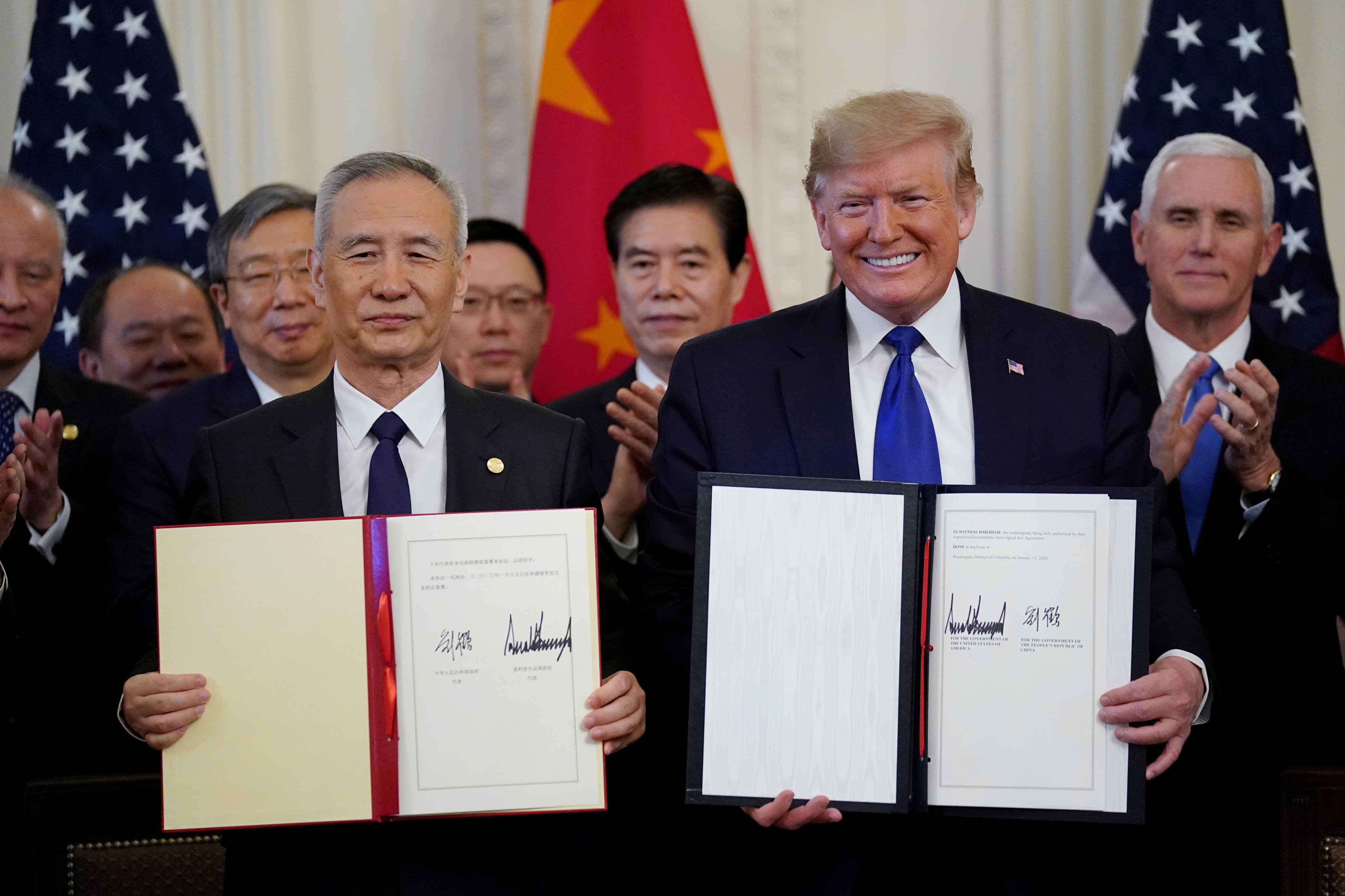 US President Donald Trump and Chinese Vice-Premier Liu He pose after signing a phase one trade deal at the White House on January 15, 2020. Photo: Reuters