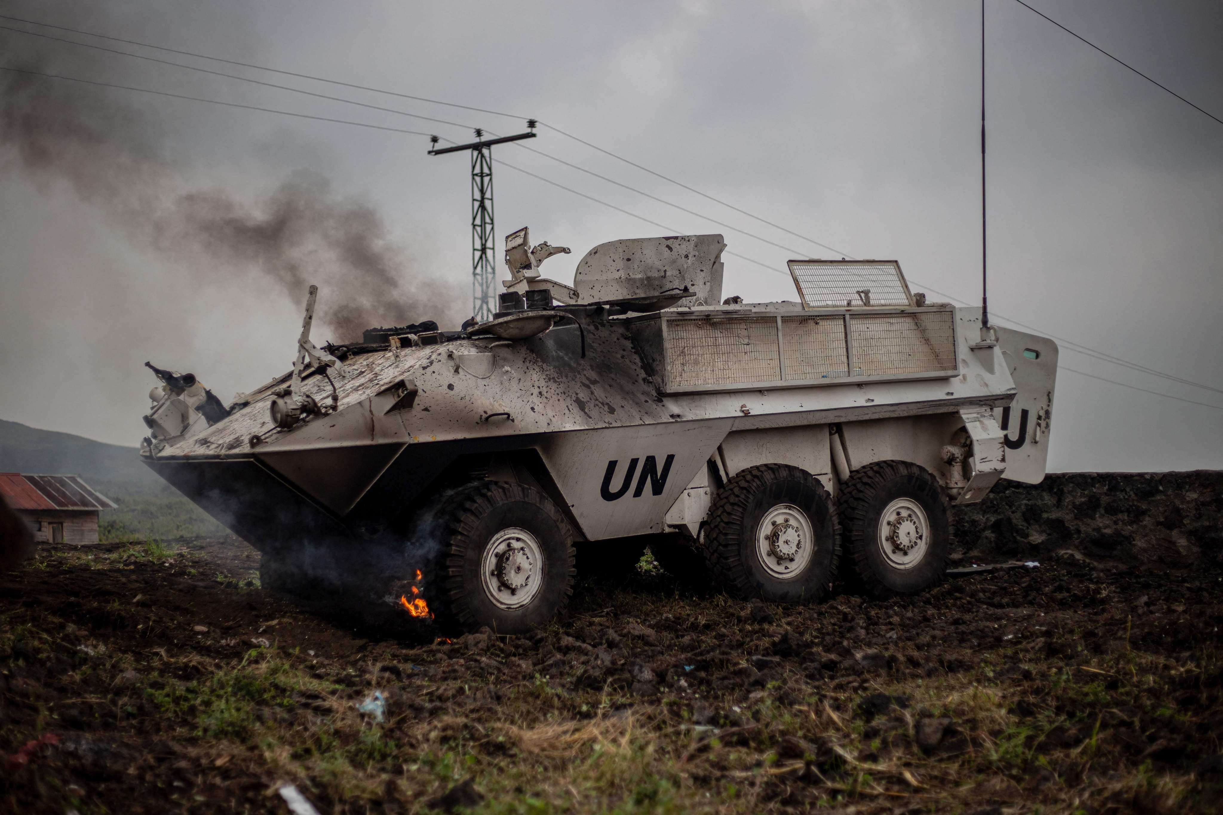 Smoke billows from an armored personnel carrier (APC) of the United Nations Organization Stabilization Mission in the Democratic Republic of the Congo (MONUSCO) on Saturday. Photo: AFP