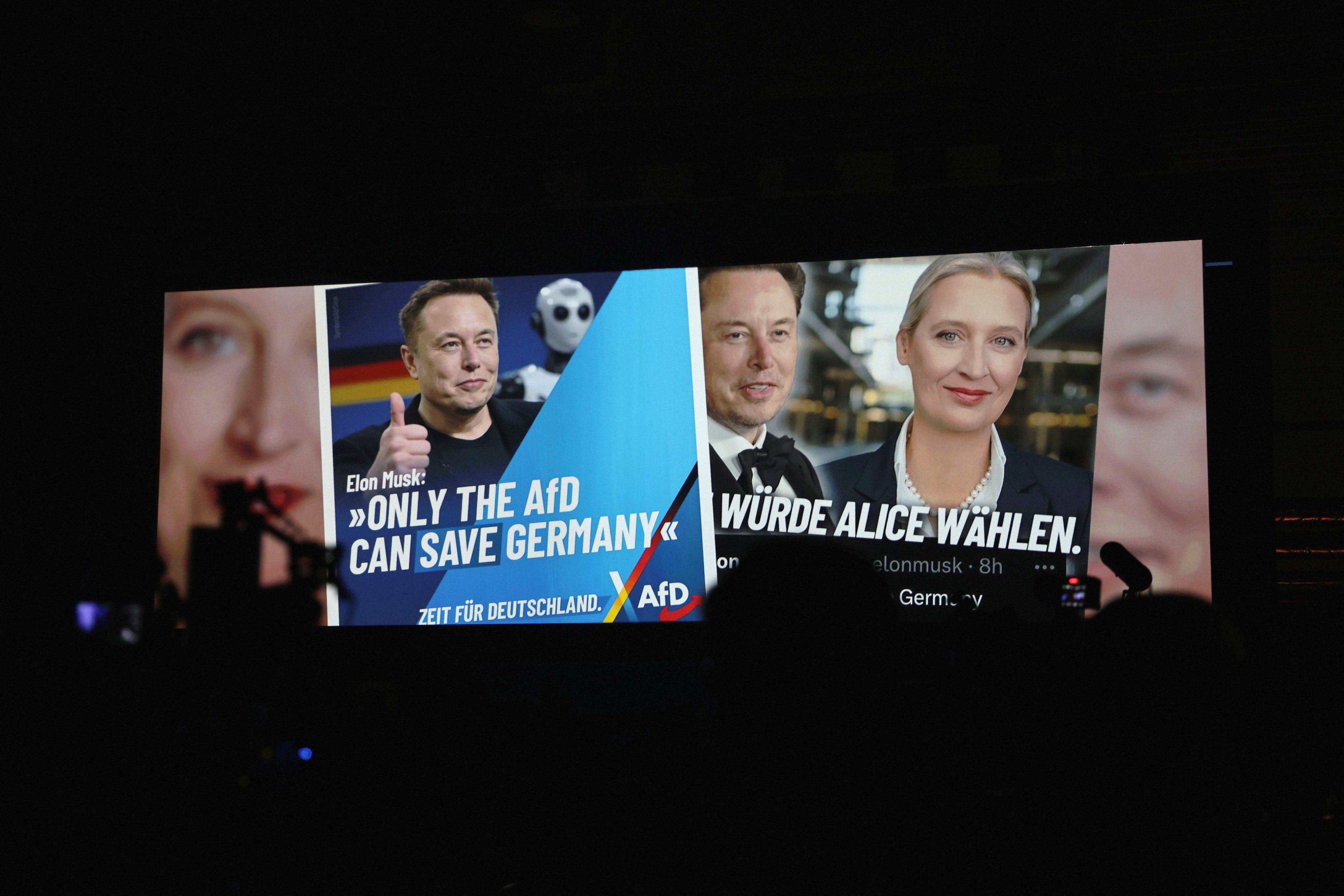 Alice Weidel, co-leader of the Alternative for Germany party (AfD), and SpaceX CEO Elon Musk appear on screen during an AfD event in Halle, Germany on Saturday. Photo: Reuters