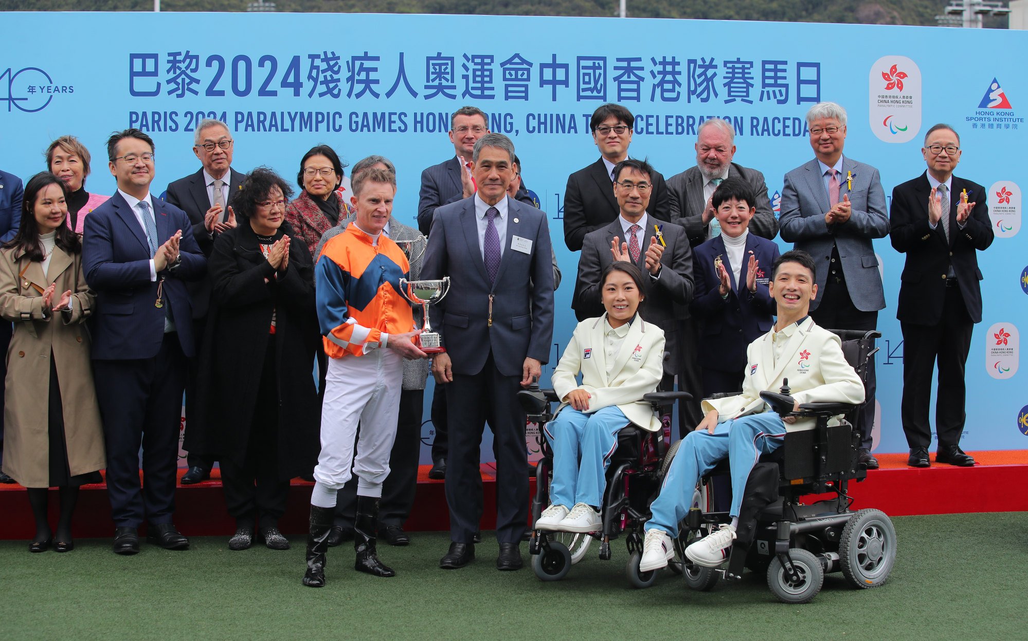 Jockey Zac Purton and connections at the trophy presentation for Sunlight Power’s triumph.